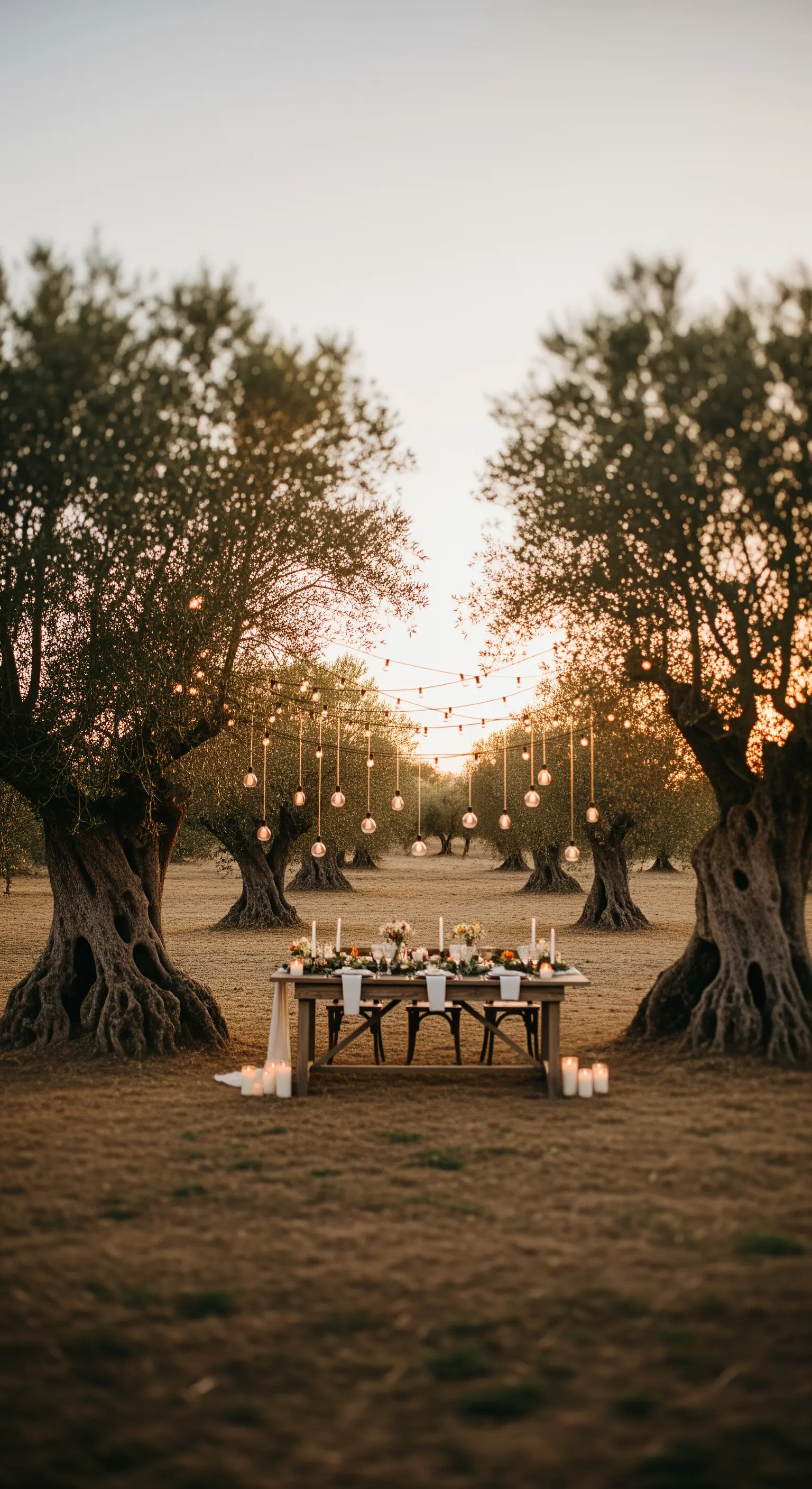Tavolata allestita in un uliveto al tramonto, con lampadine sospese tra gli alberi.