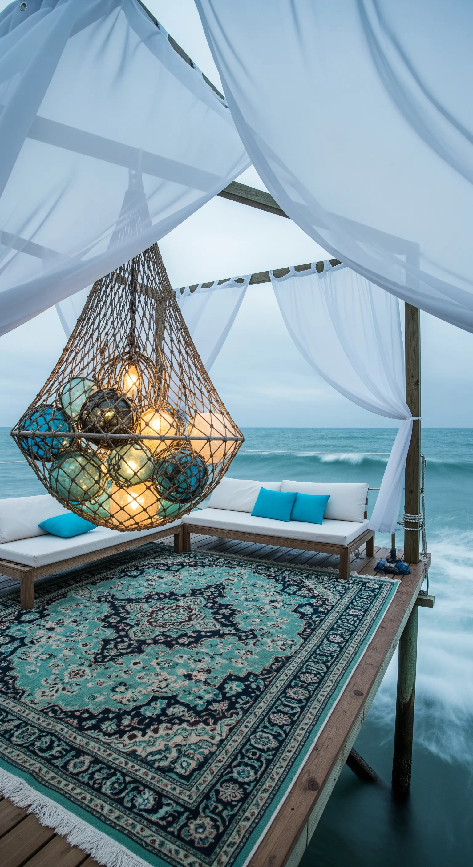 Molo sull'oceano con divani bianchi, tappeto persiano e un lampadario di boe di vetro.