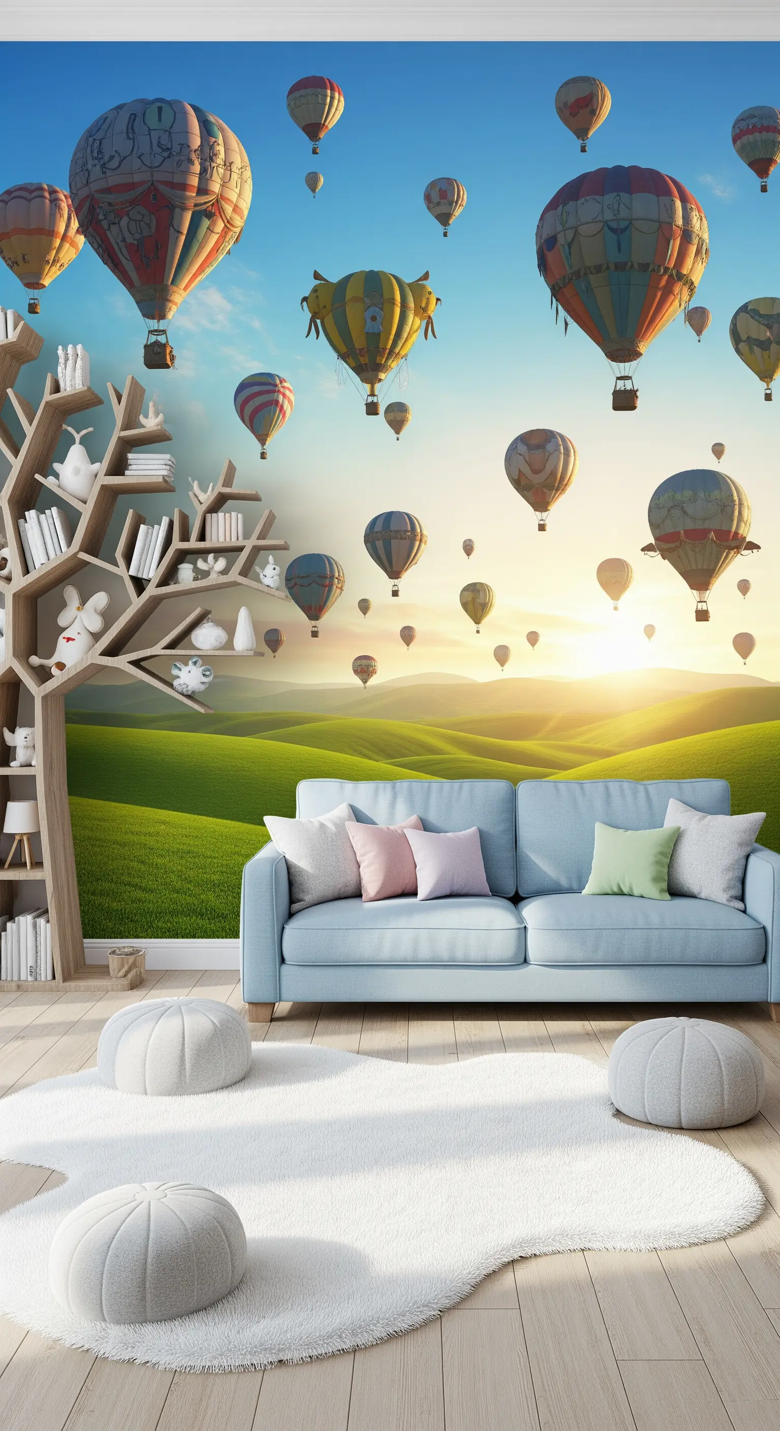 Salotto sognante con murale di mongolfiere e un divano azzurro cielo.