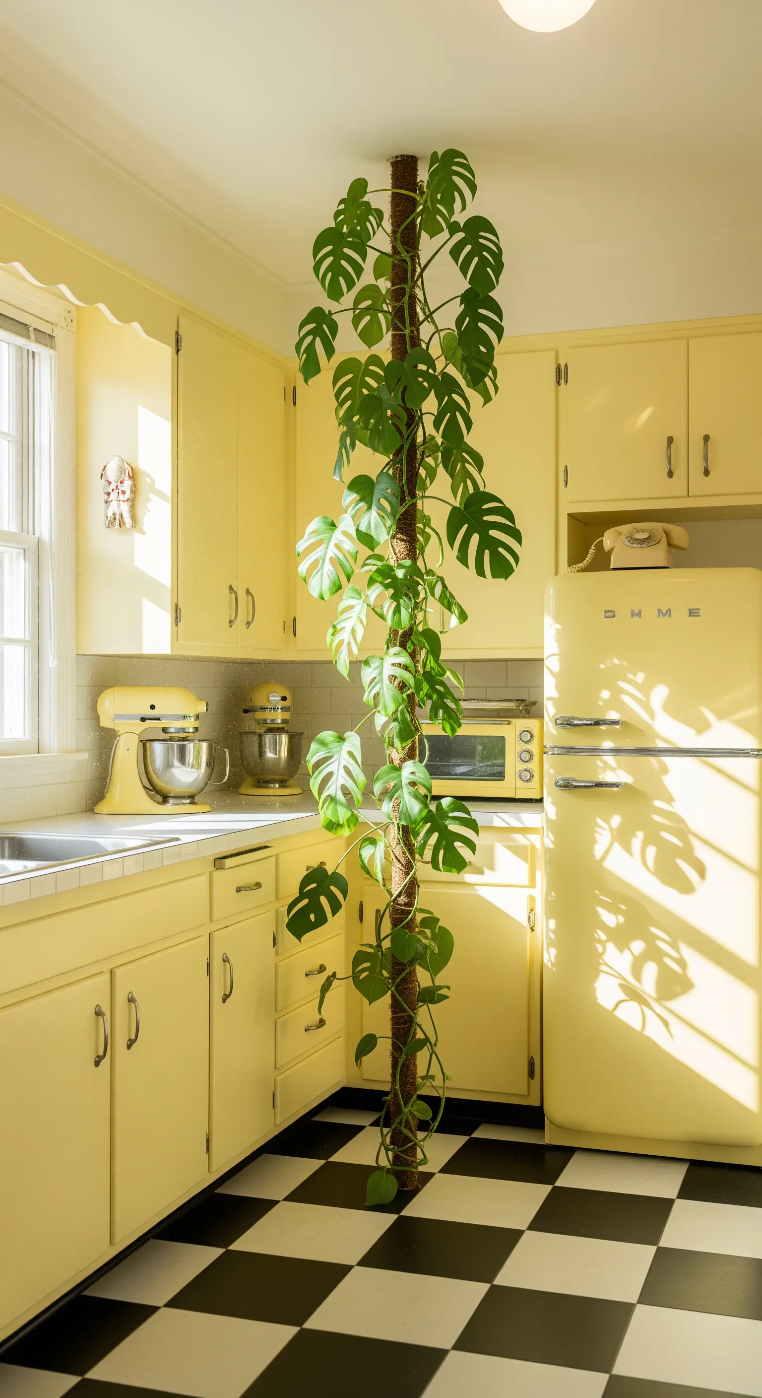 Monstera che si arrampica su un tutore in una cucina gialla in stile retrò.