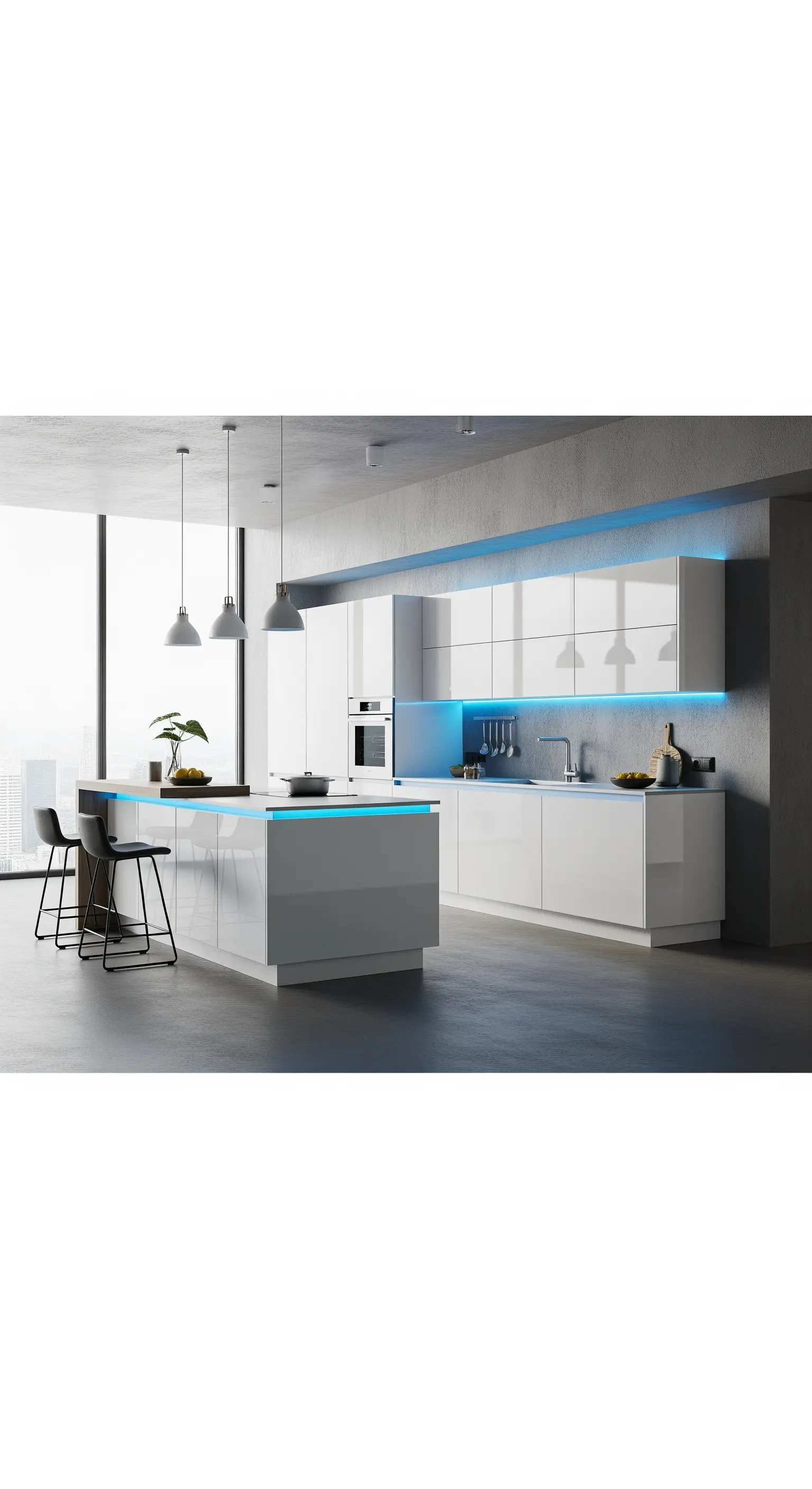 Cucina bianca laccata con isola e illuminazione a LED blu integrata.