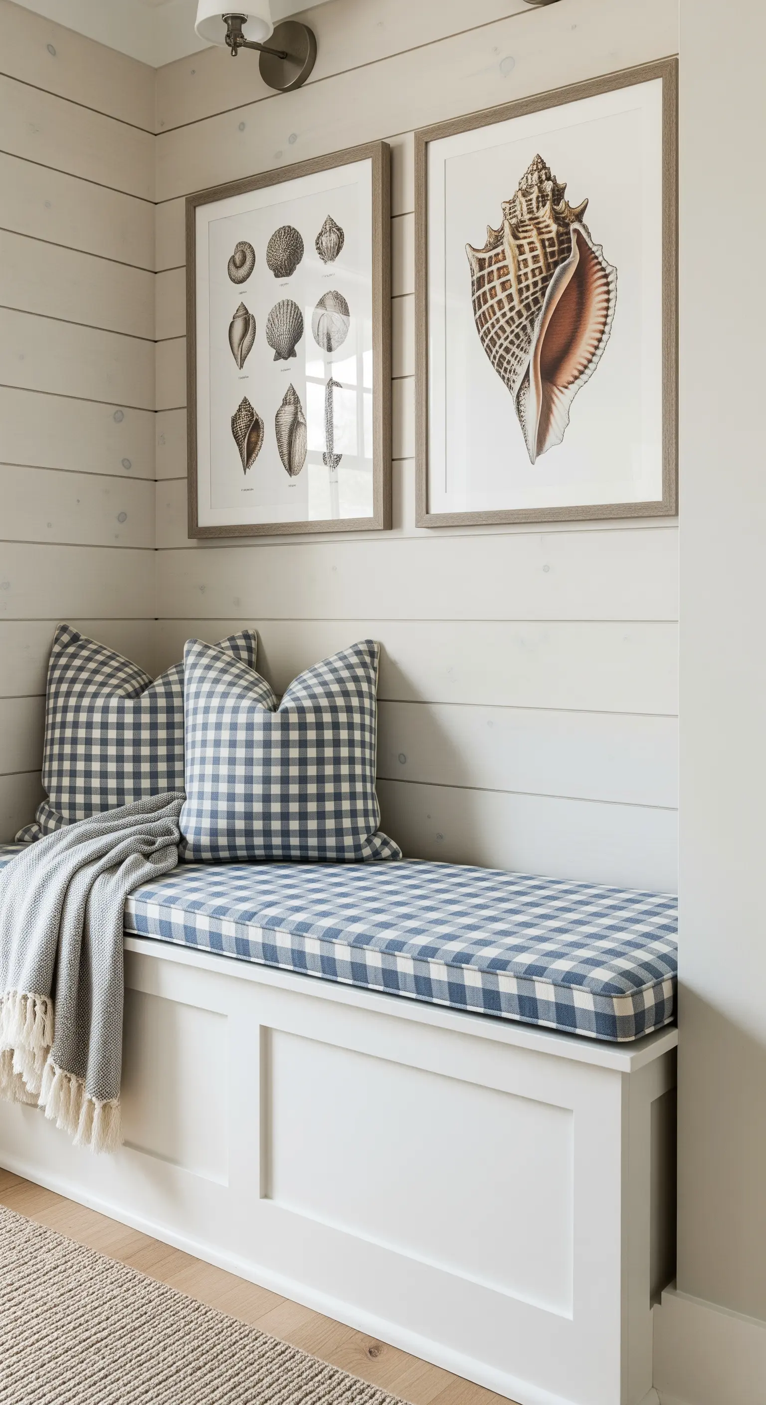 Angolo lettura con panca su misura rivestita in tessuto a quadretti blu e stampe di conchiglie.
