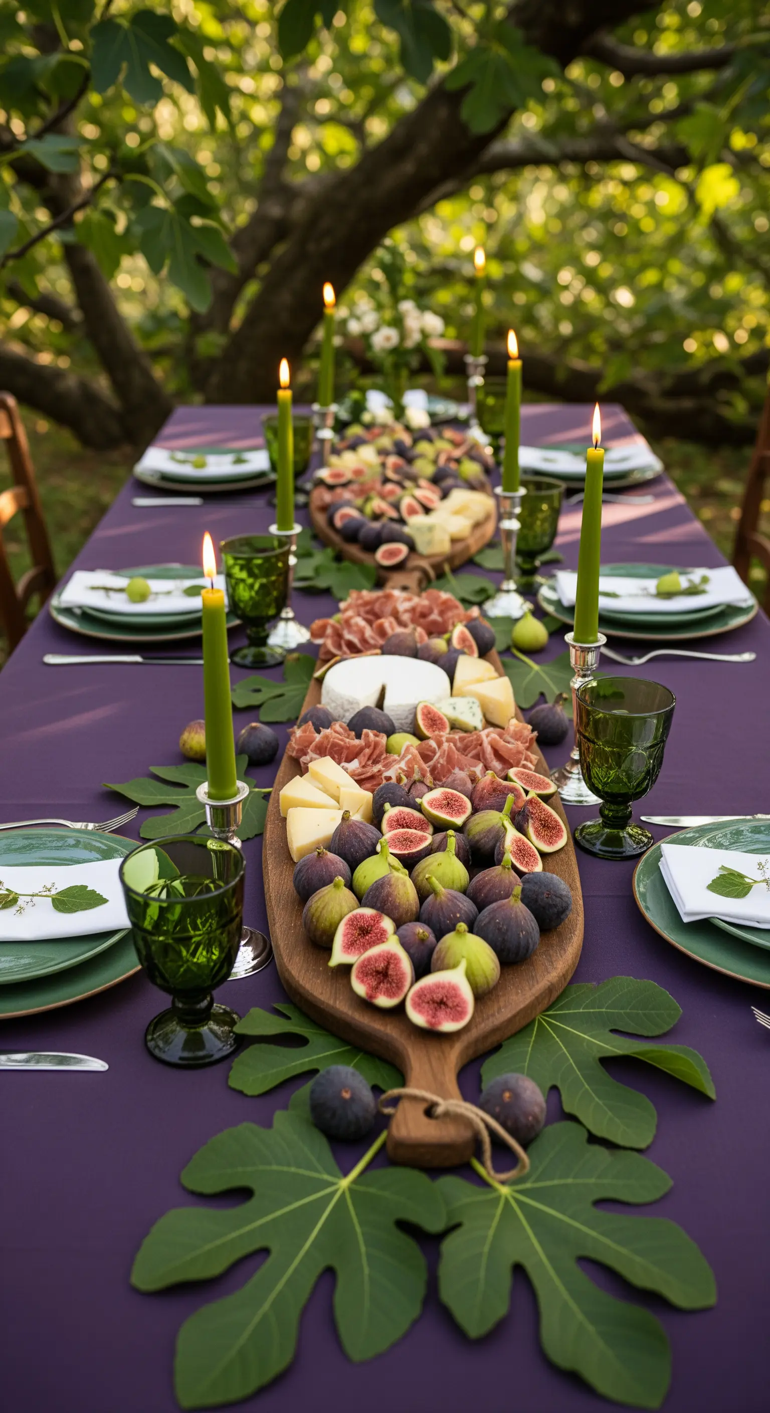 Tavola allestita sotto un albero di fico con una tovaglia viola e taglieri di fichi.