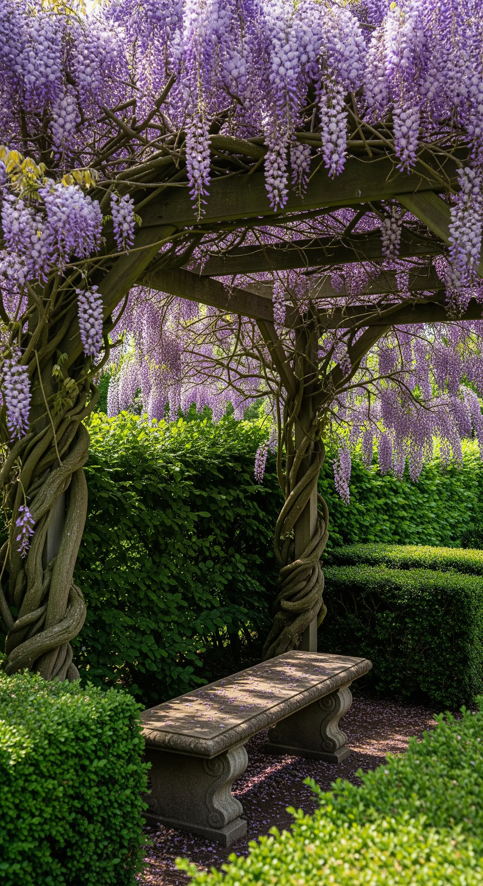 Panchina in pietra antica sotto una pergola di legno avvolta da un glicine in piena fioritura.