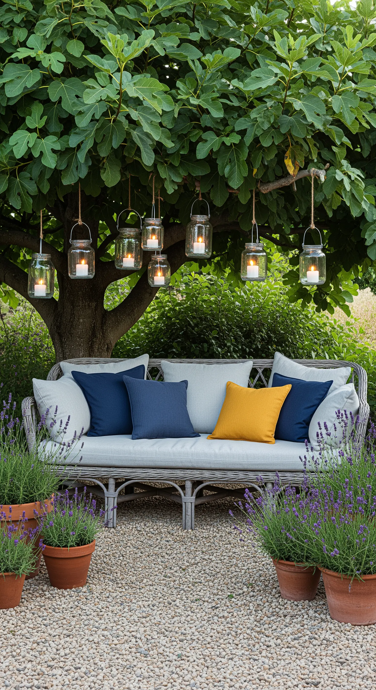 Divano in rattan grigio sotto un albero, con lanterne appese ai rami e vasi di lavanda intorno.