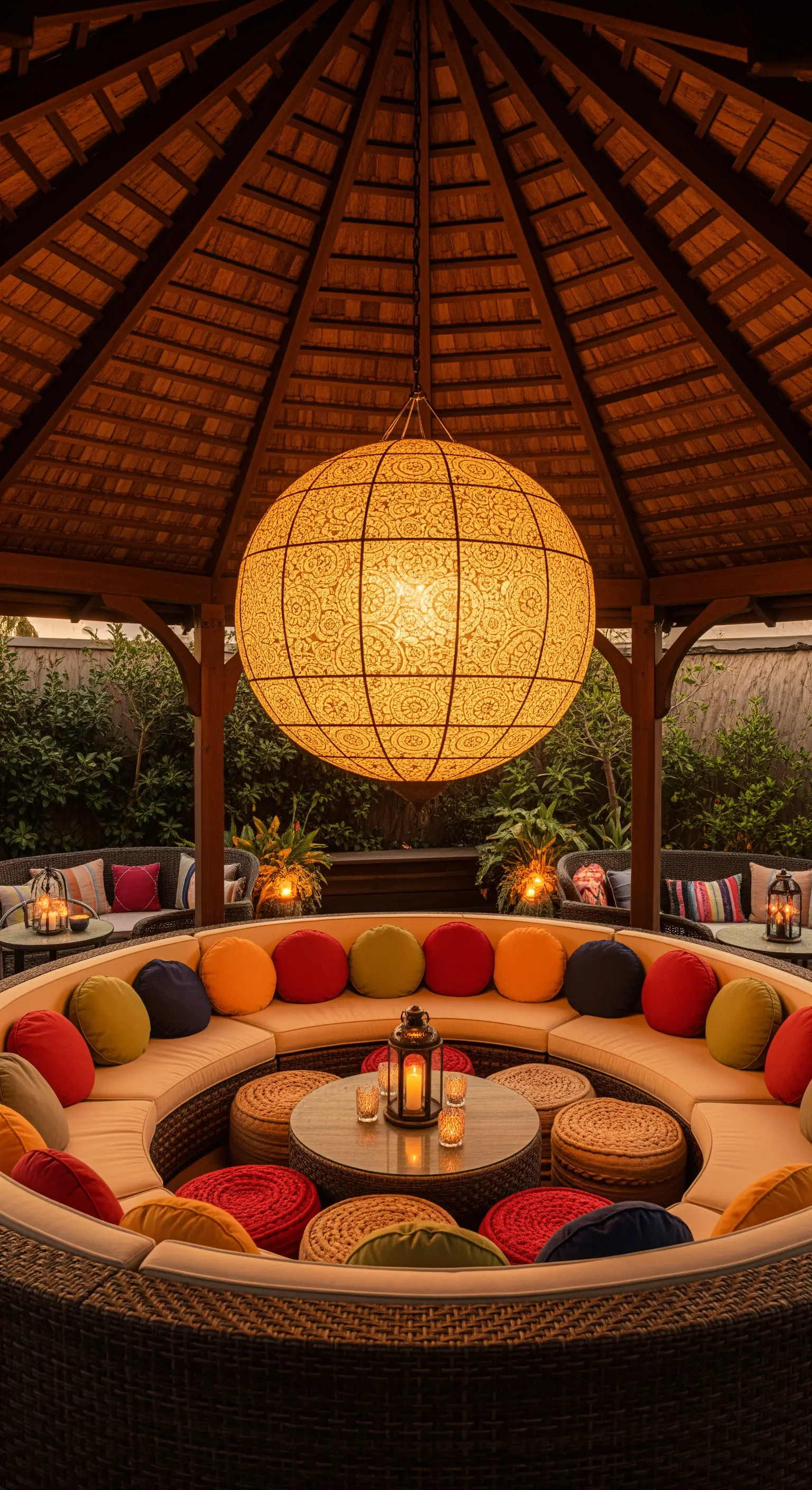 Gazebo con divano circolare e un'enorme lanterna sferica e traforata al centro.