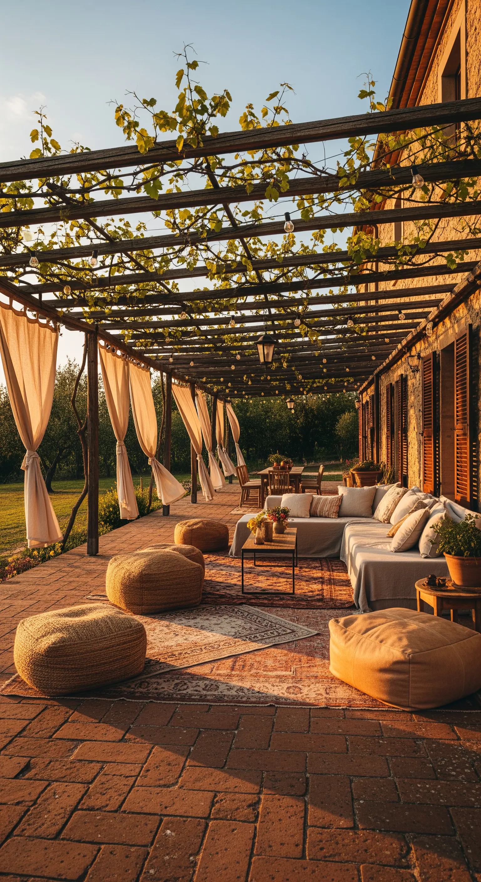 Patio rustico con pergola, divano angolare, pouf in iuta e tende color crema.