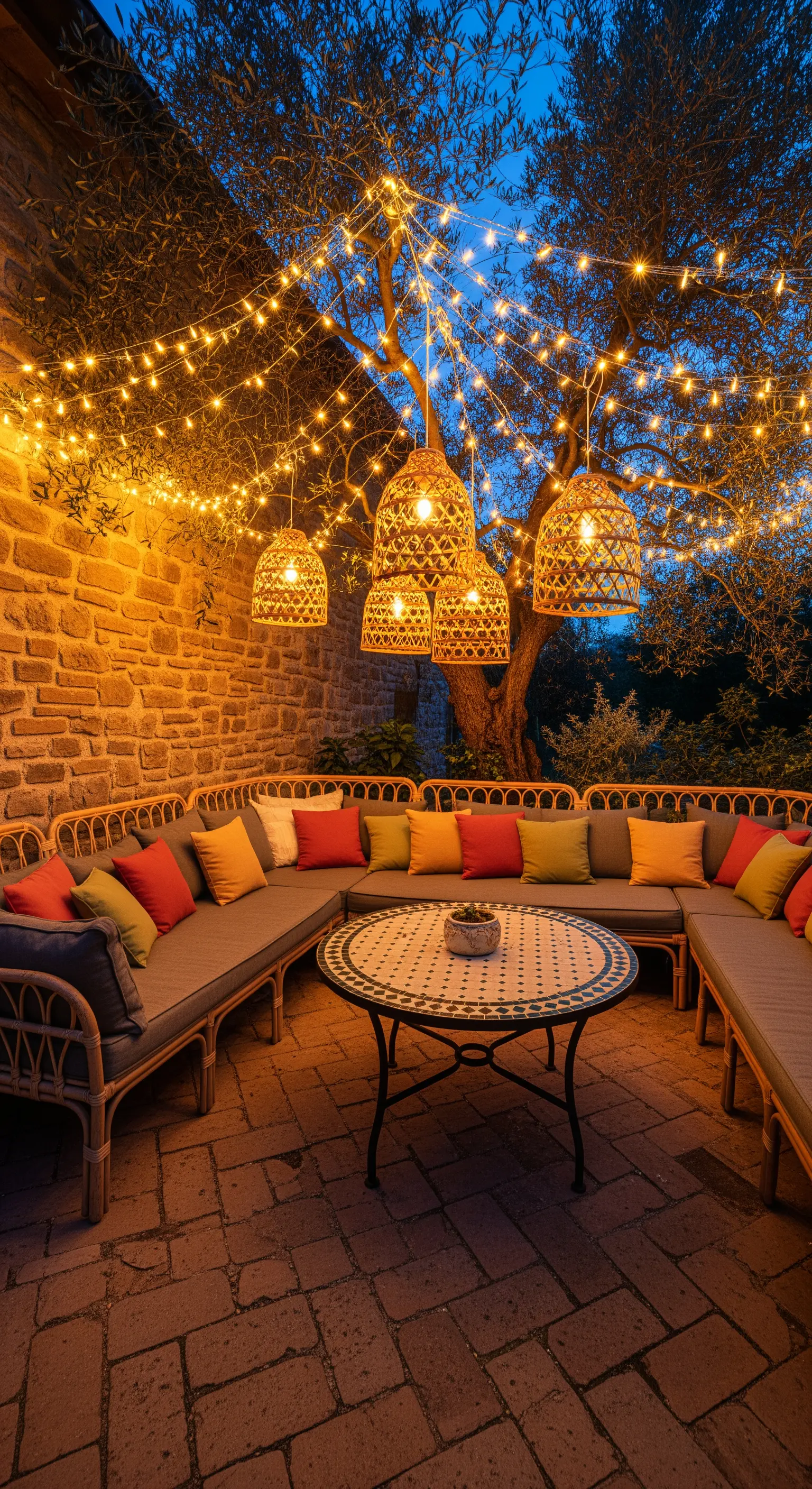 Lungo divano in rattan sotto un albero illuminato da lucine e lampadari in vimini.