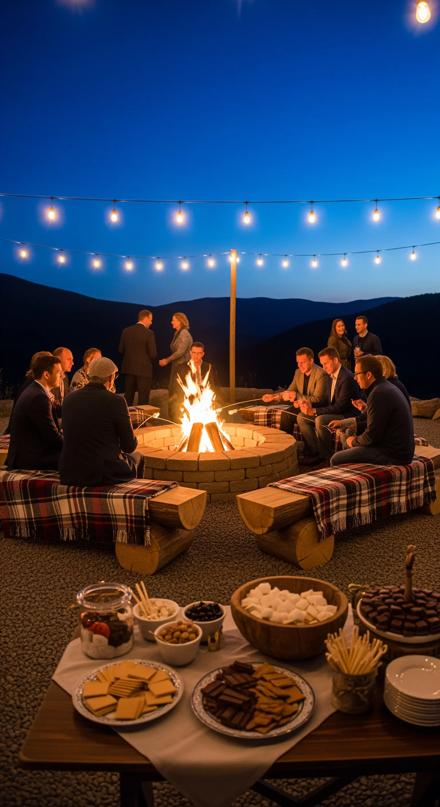 Gruppo di persone attorno a un falò di notte, con panche coperte di plaid e luci sospese.