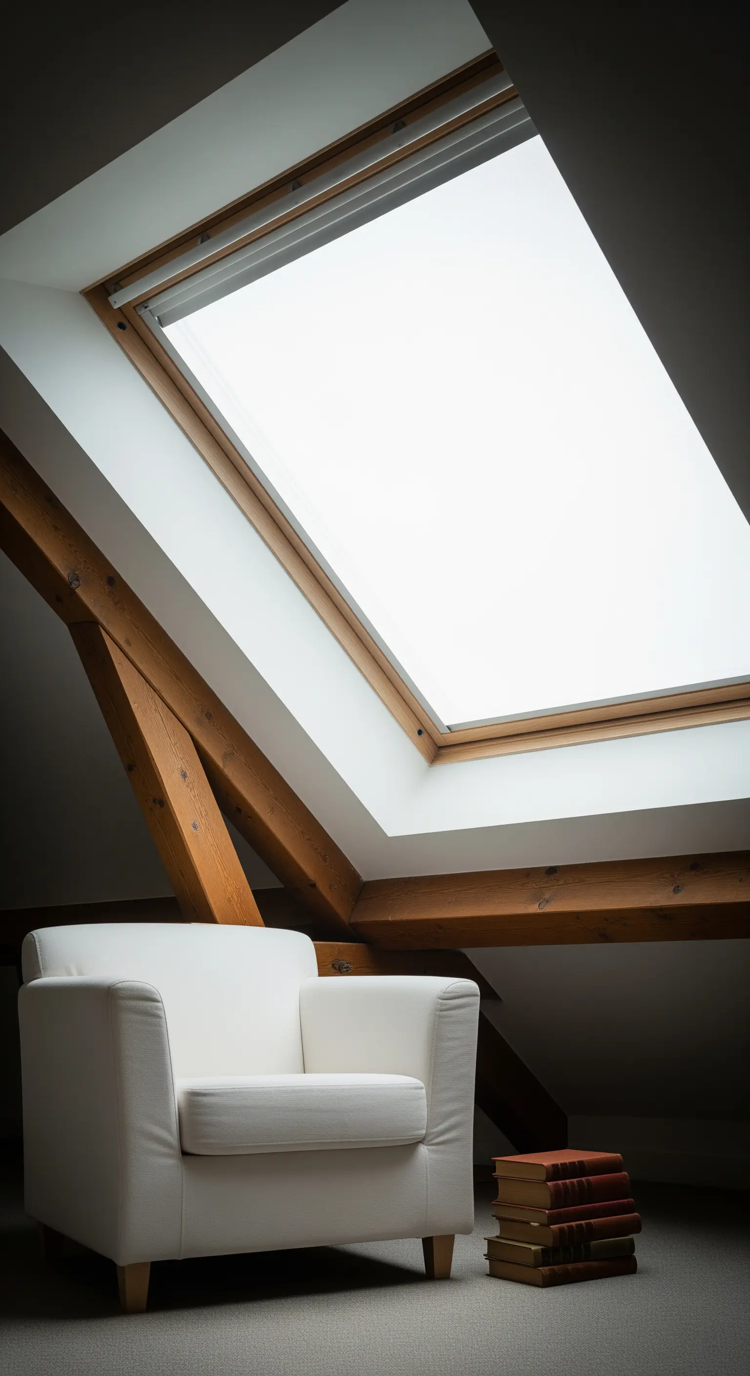 Poltrona bianca in mansarda sotto un grande lucernario con travi in legno.