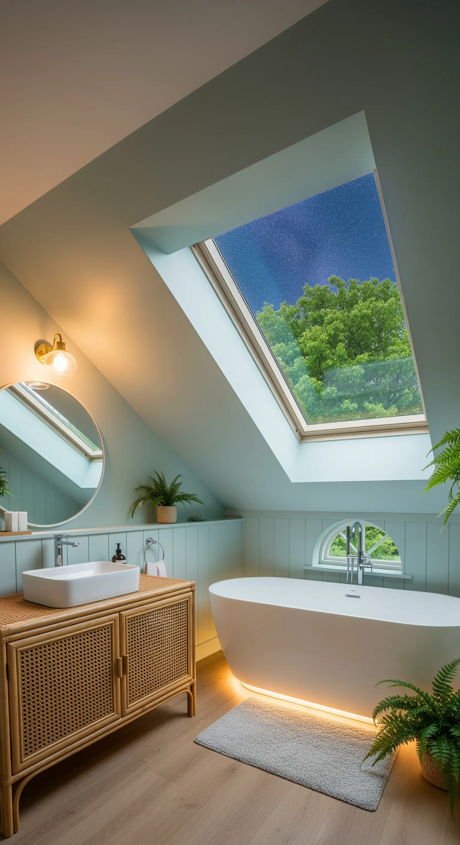 Bagno in mansarda con lucernario sopra la vasca e mobile in rattan.