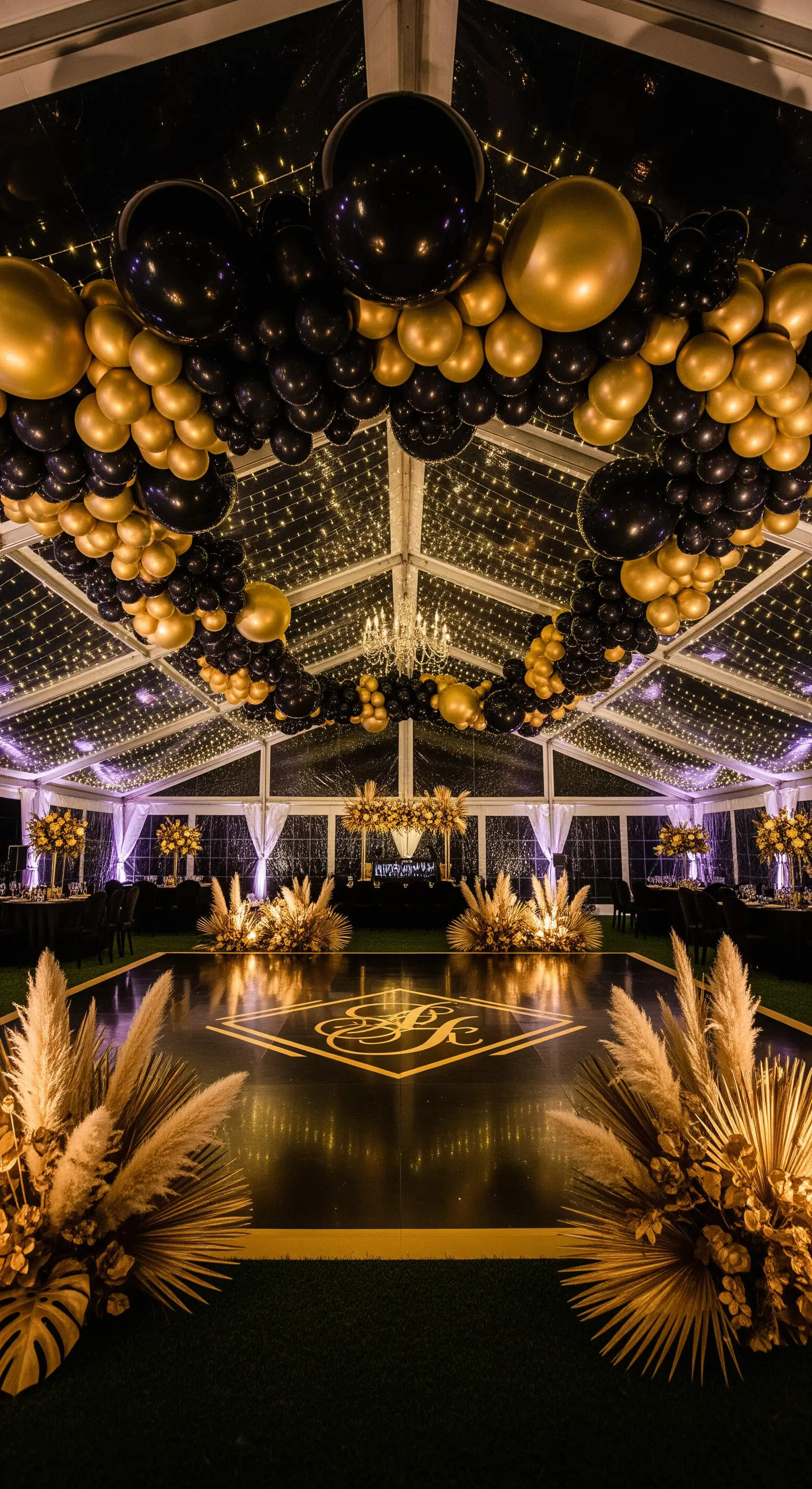 Pista da ballo nera e oro in una tensostruttura con lucine e palloncini sul soffitto.