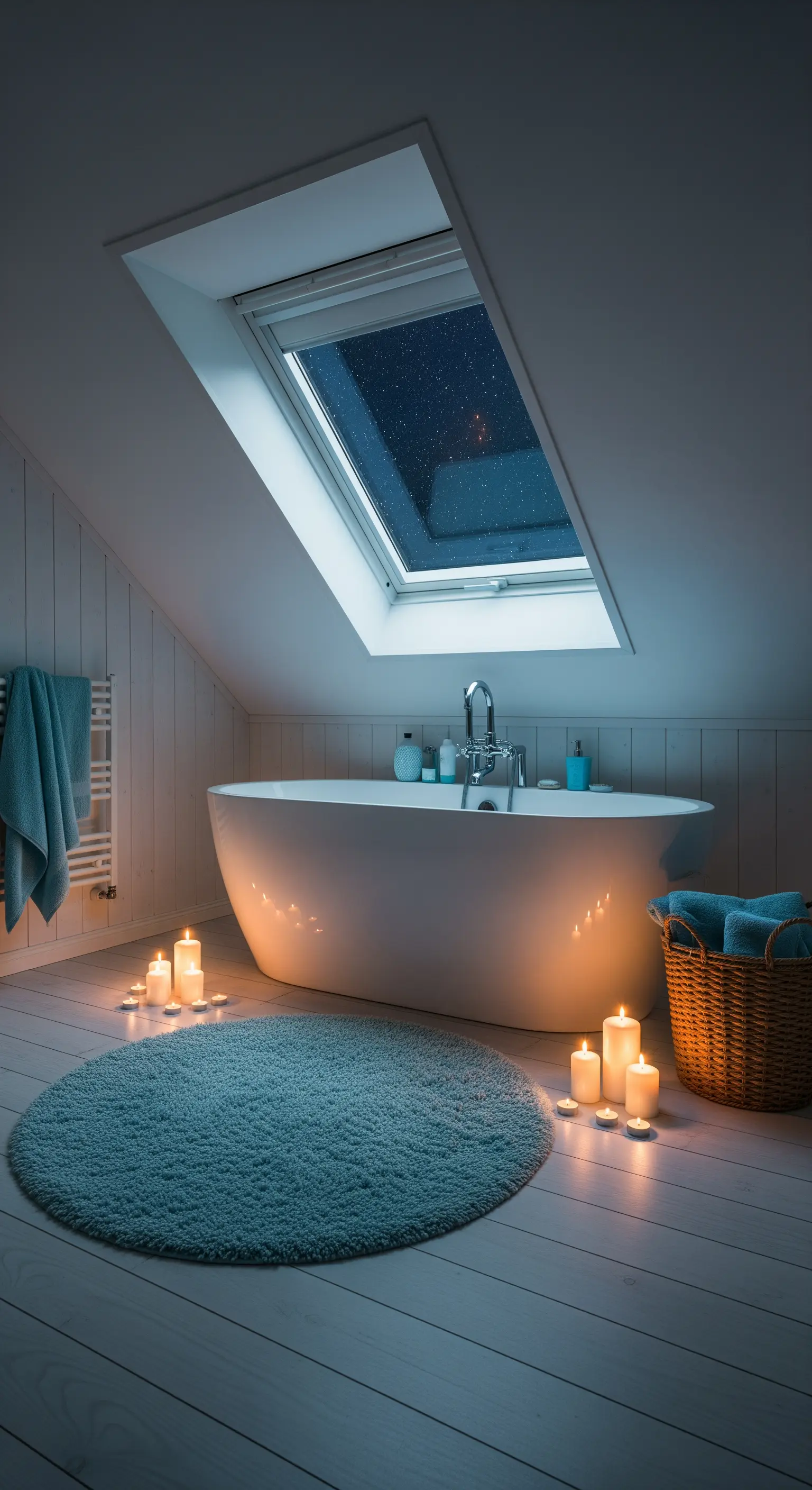 Bagno in mansarda con lucernario, vasca freestanding e tappeto rotondo azzurro.