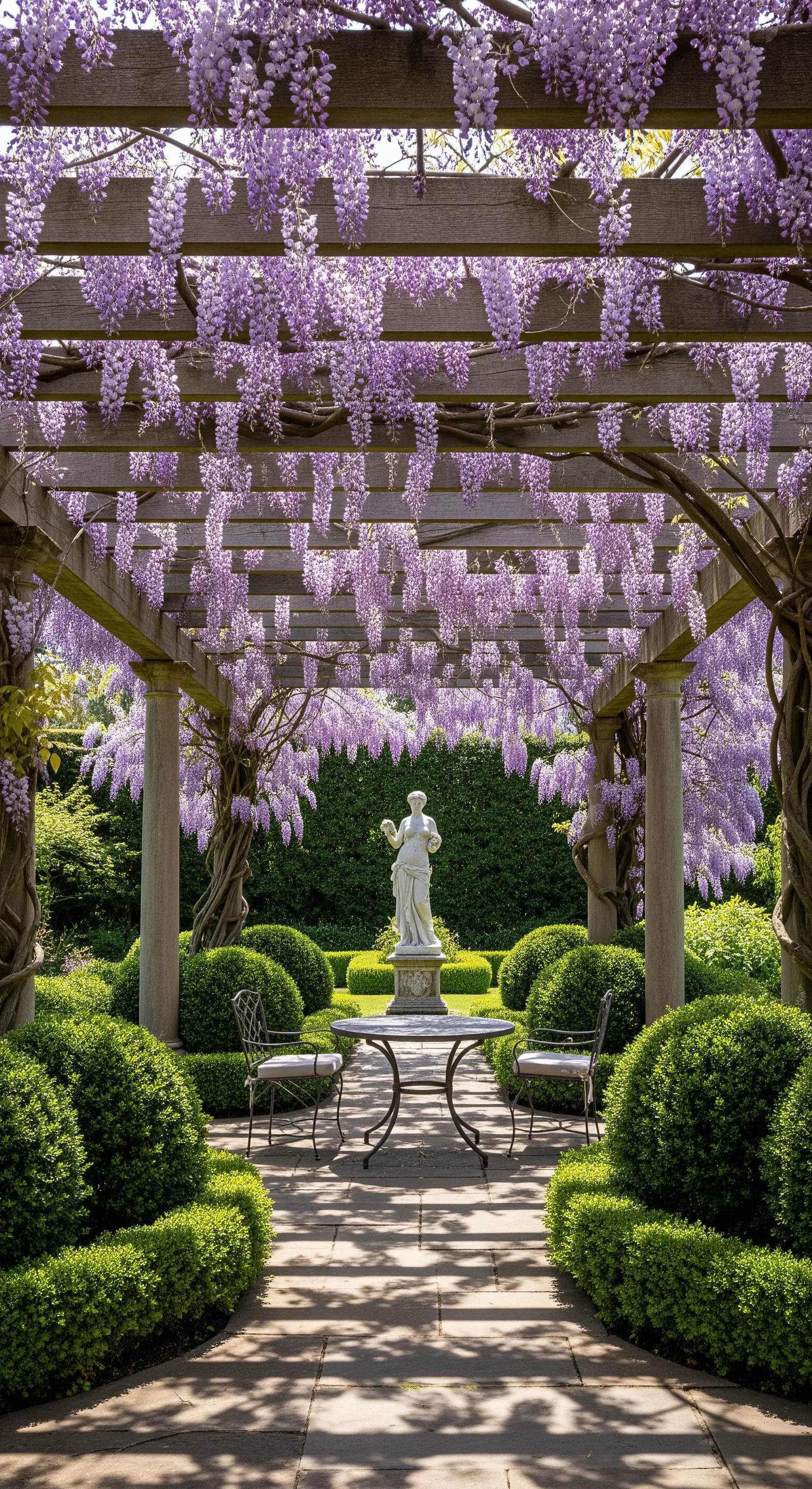 Tavolo in ferro battuto sotto un pergolato coperto da una cascata di fiori di glicine.