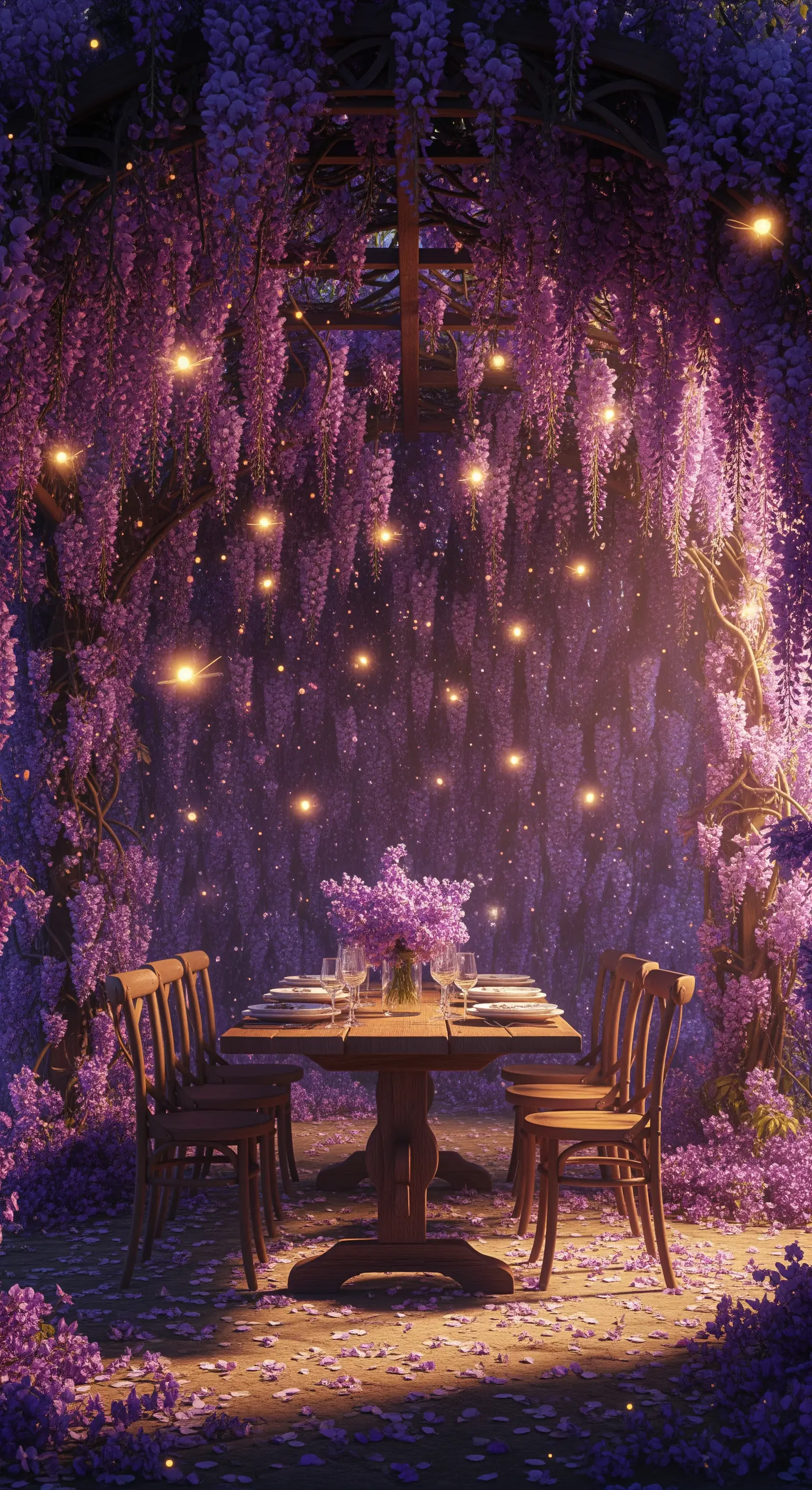 Tavolo da pranzo sotto un pergolato avvolto da glicine viola e illuminato da lucine.