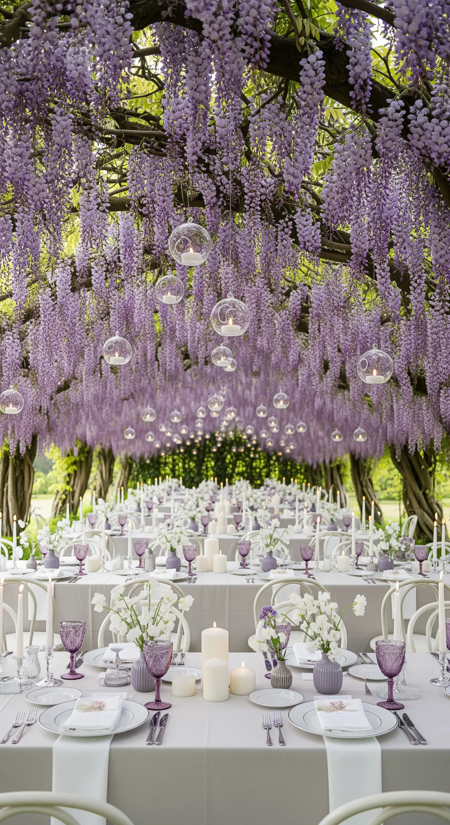 Tavolate da matrimonio sotto un pergolato di glicine viola, con sfere di vetro e candele appese.