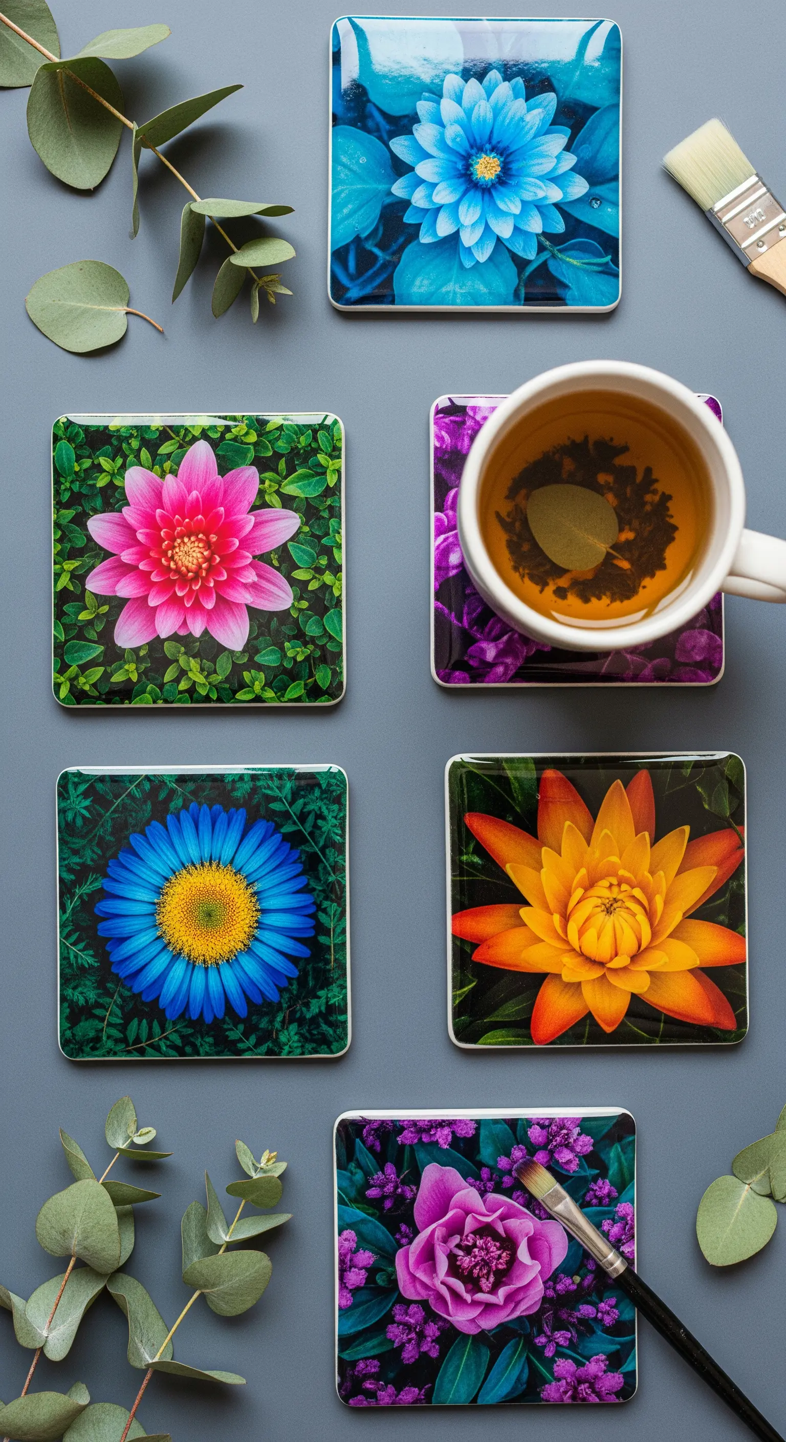 Sottobicchieri personalizzati con fotografie macro di fiori dai colori vivaci su un tavolo grigio.