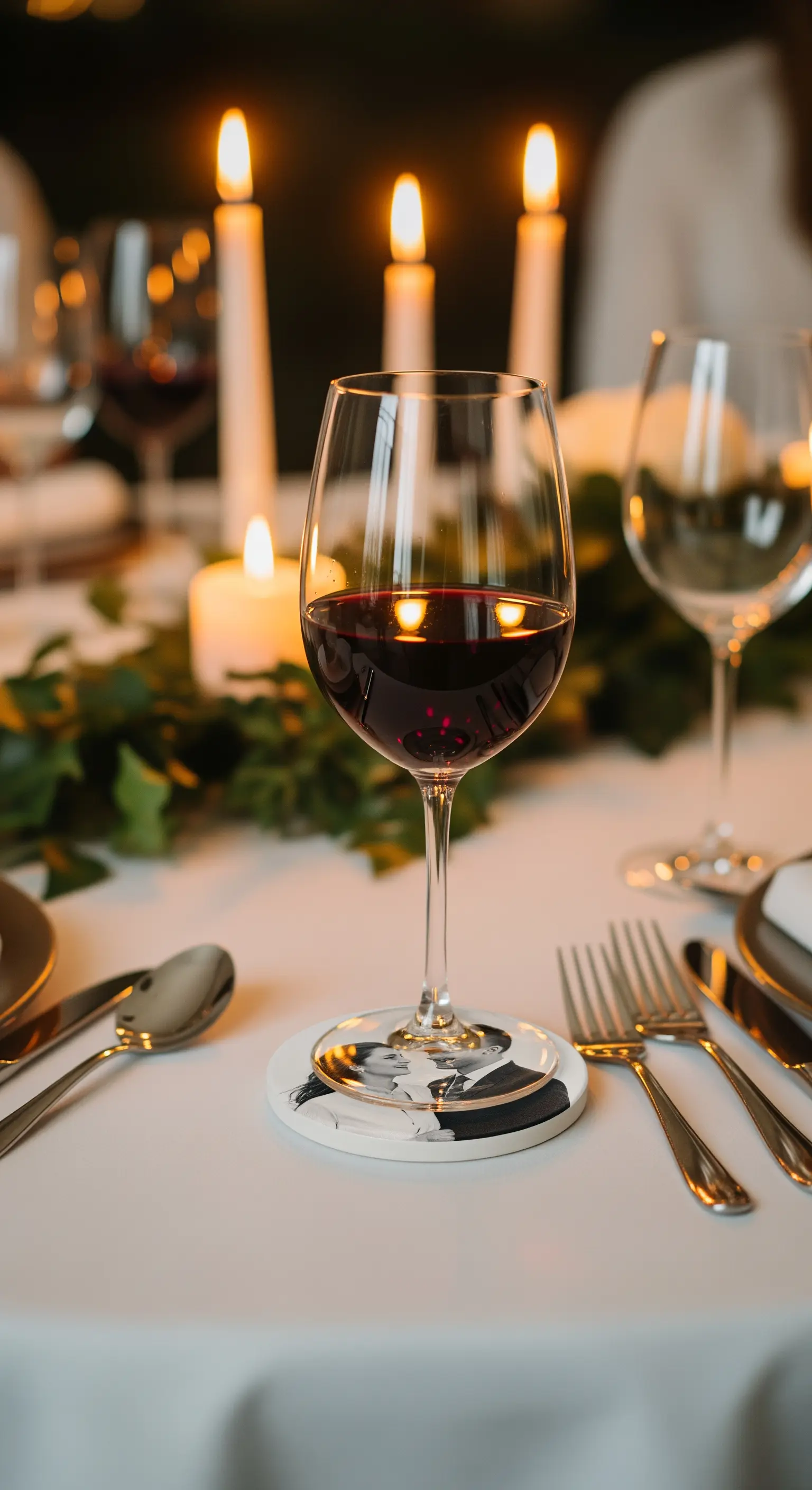 Calice di vino rosso appoggiato su un sottobicchiere personalizzato con una foto di coppia.