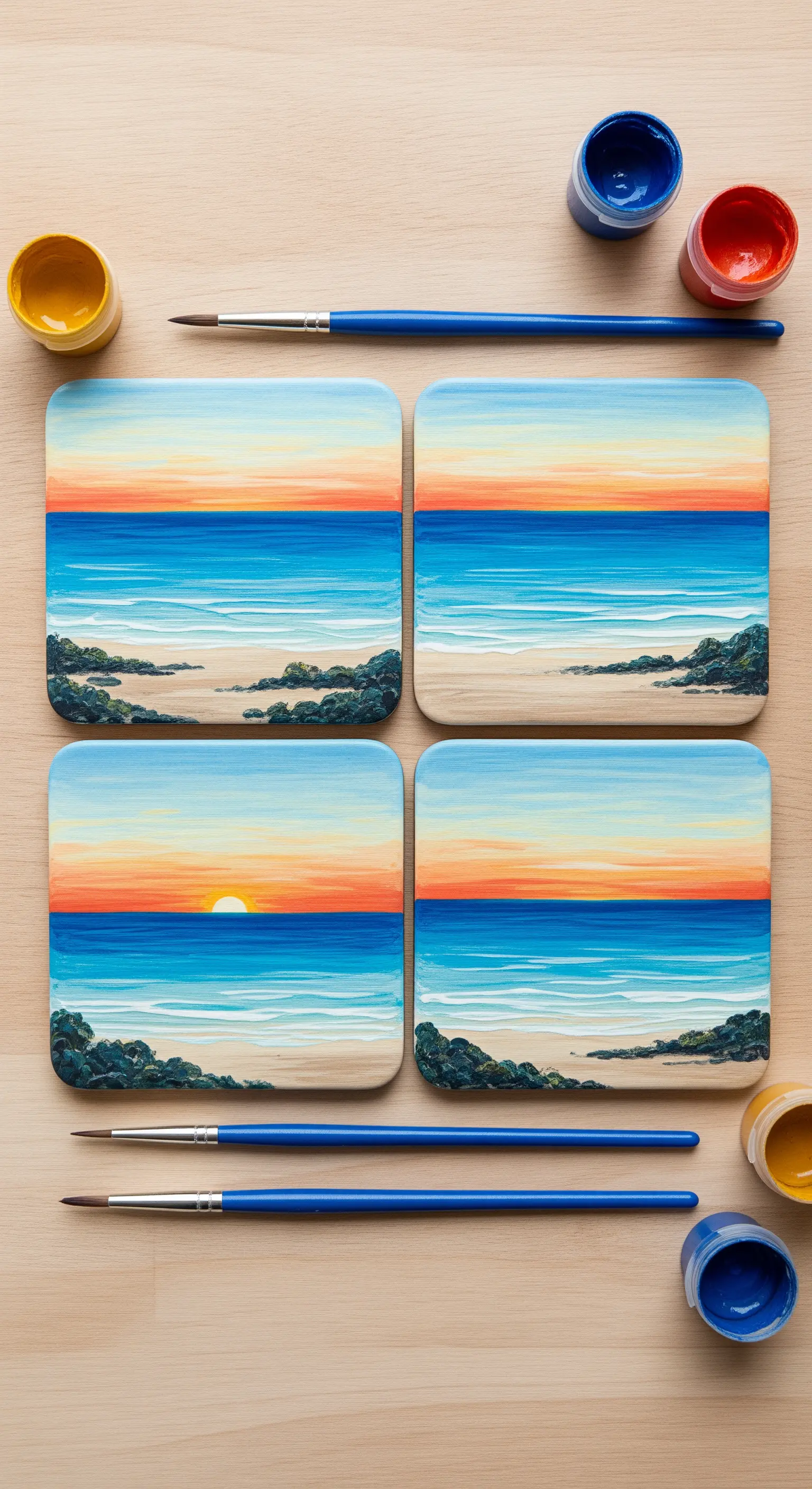 Sottobicchieri di legno dipinti a mano che compongono un paesaggio marino al tramonto