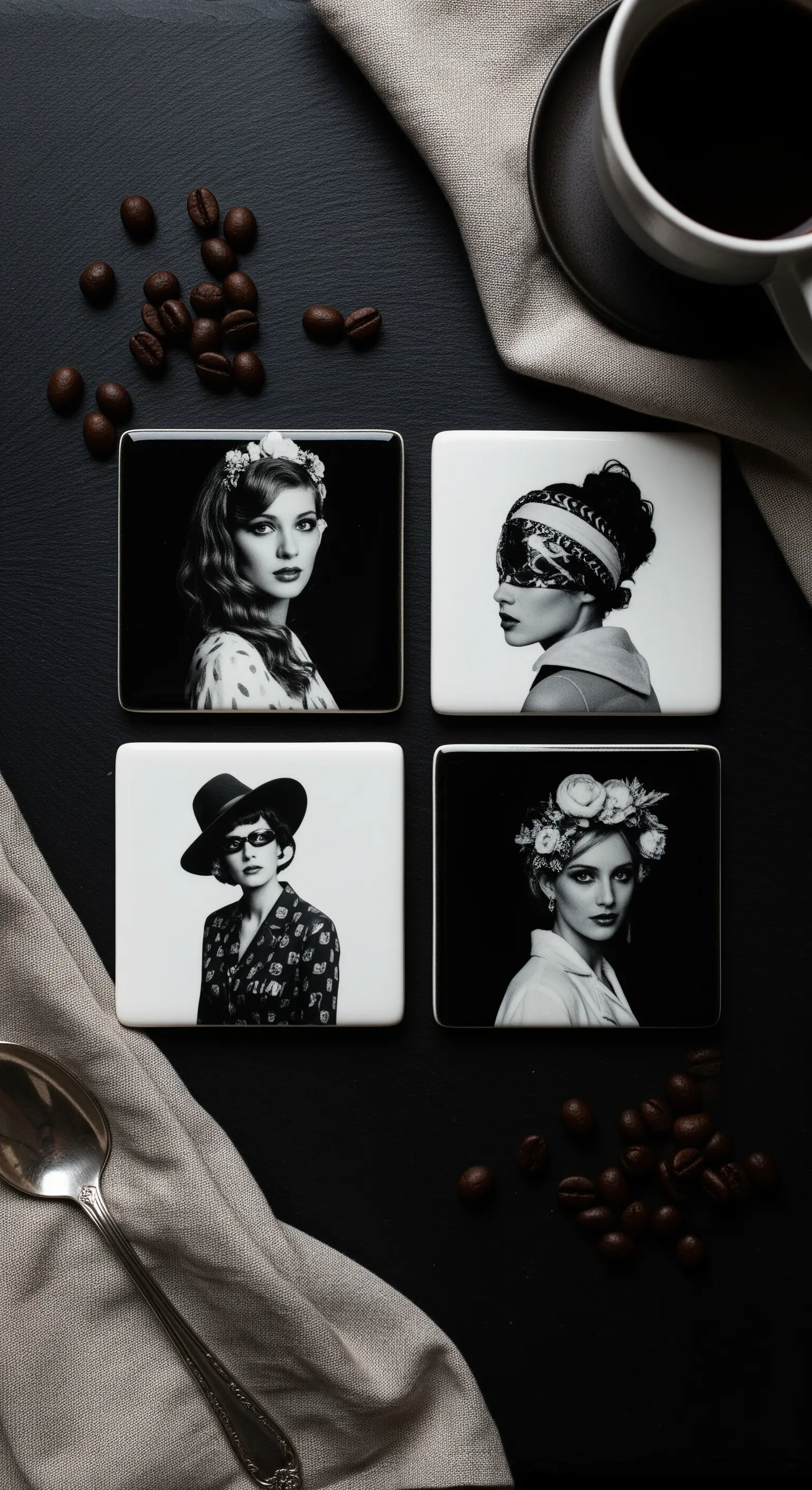 Set di quattro sottobicchieri in ceramica con ritratti fotografici artistici in bianco e nero.