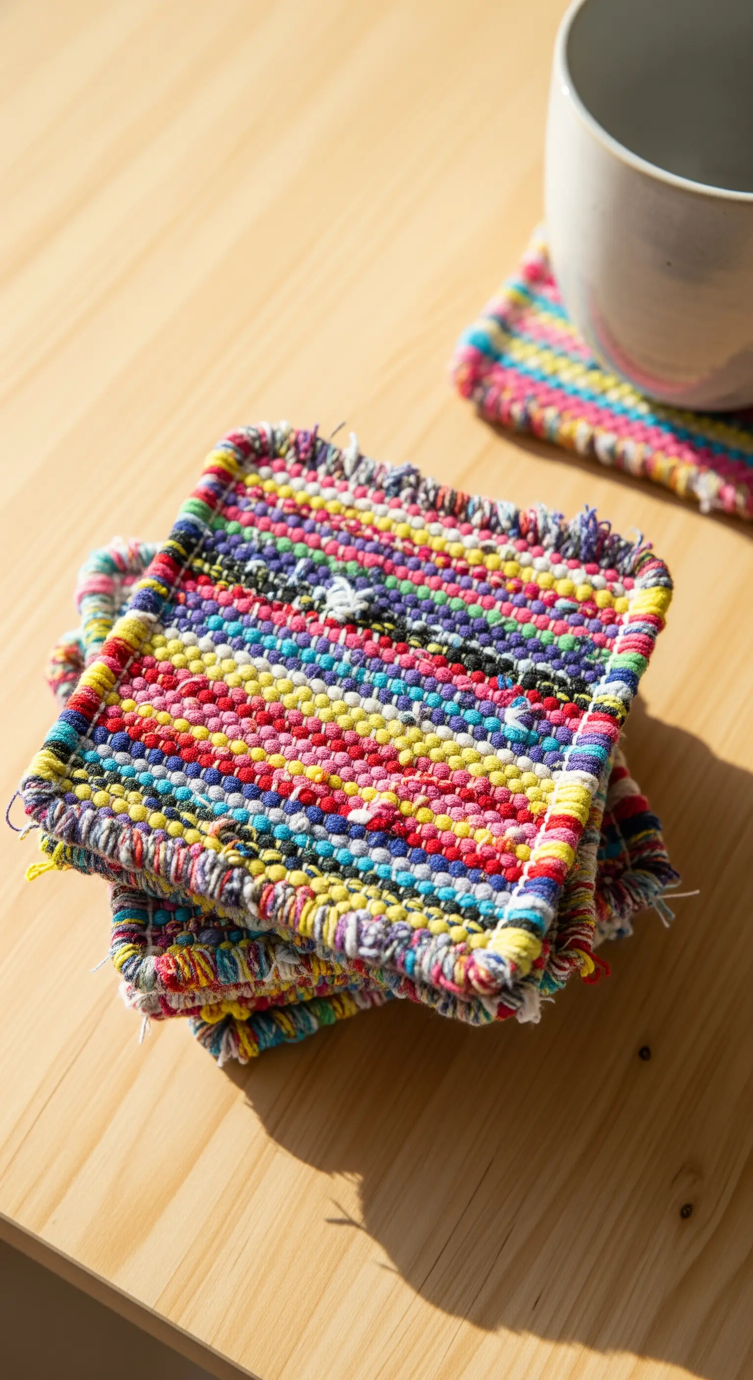 Una pila di sottobicchieri quadrati realizzati intrecciando strisce di tessuto riciclato multicolore.