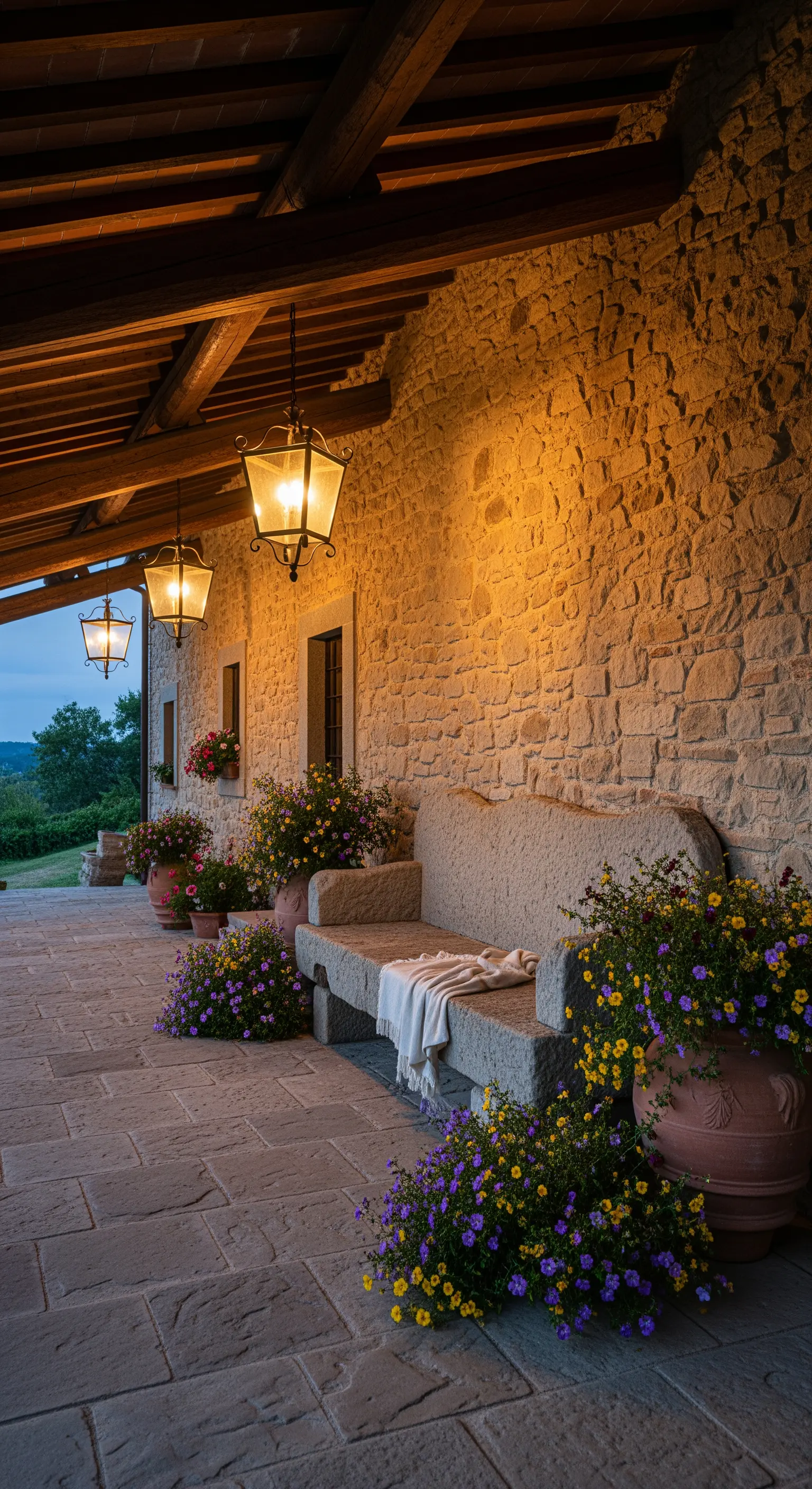 Portico rustico in pietra con una lunga panca e lanterne sospese che emanano una luce calda