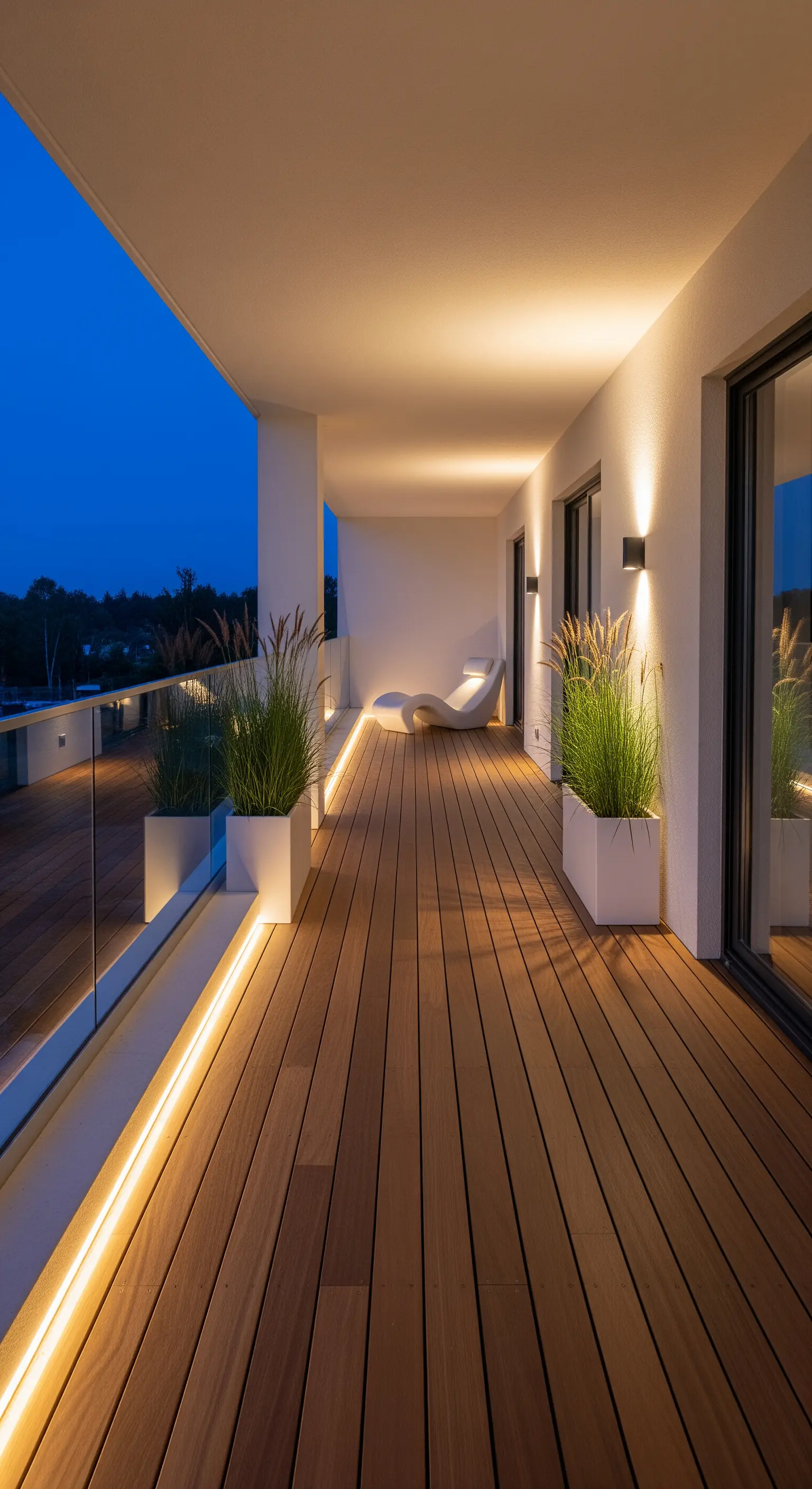 Lungo balcone moderno con pavimento in legno e una striscia LED lungo il parapetto in vetro