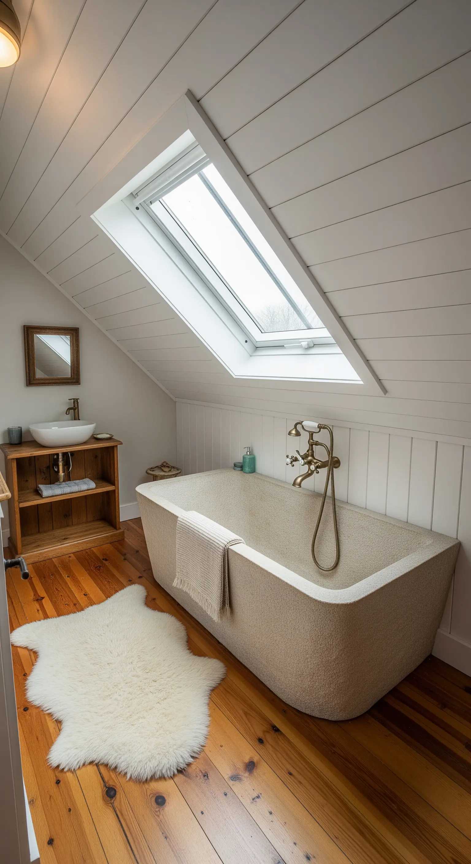 Vasca in pietra chiara in un bagno in mansarda con lucernario e pavimento in legno.
