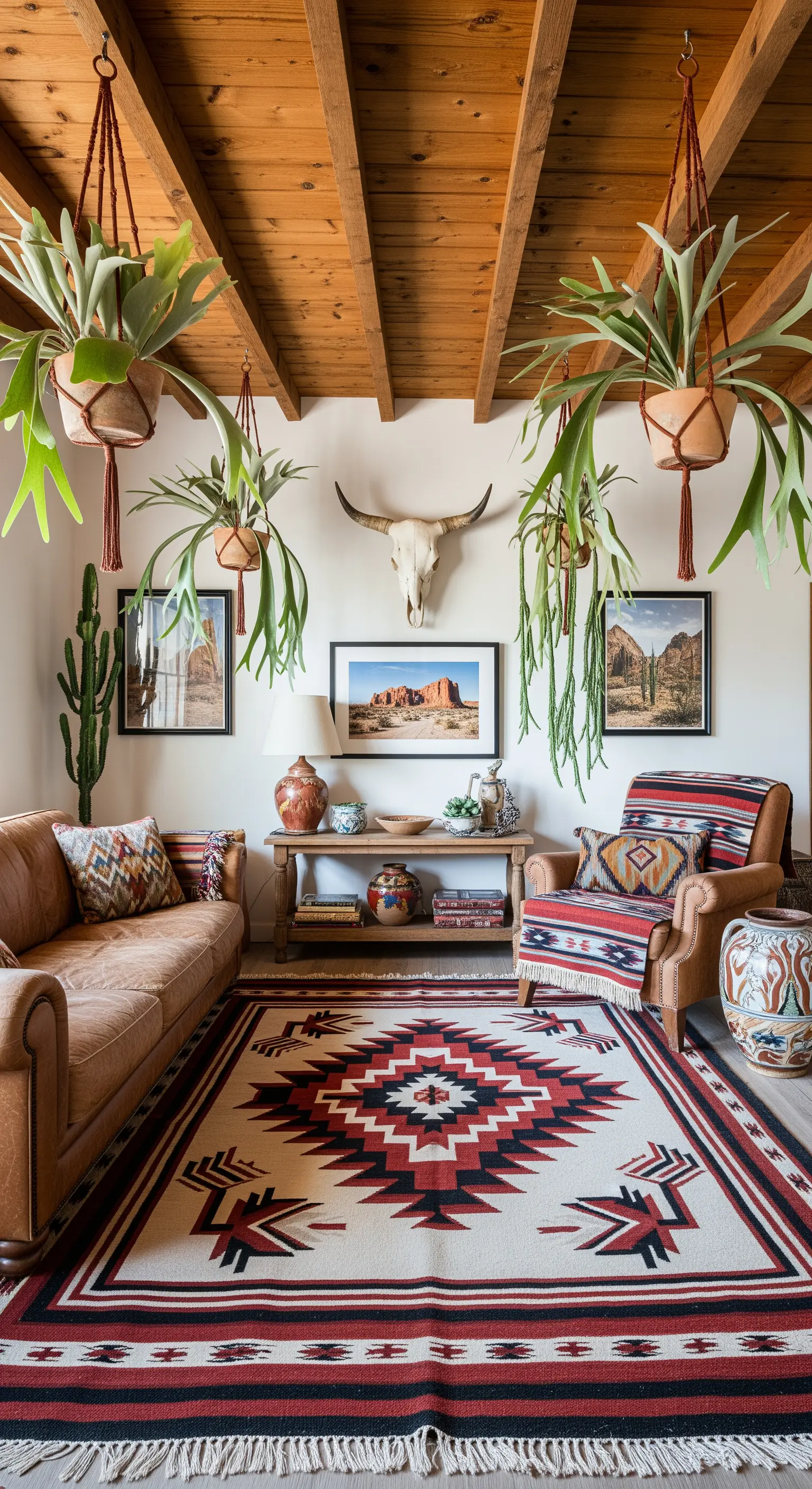 Salotto in stile Southwestern con divano in pelle, tappeto navajo e grandi piante sospese.