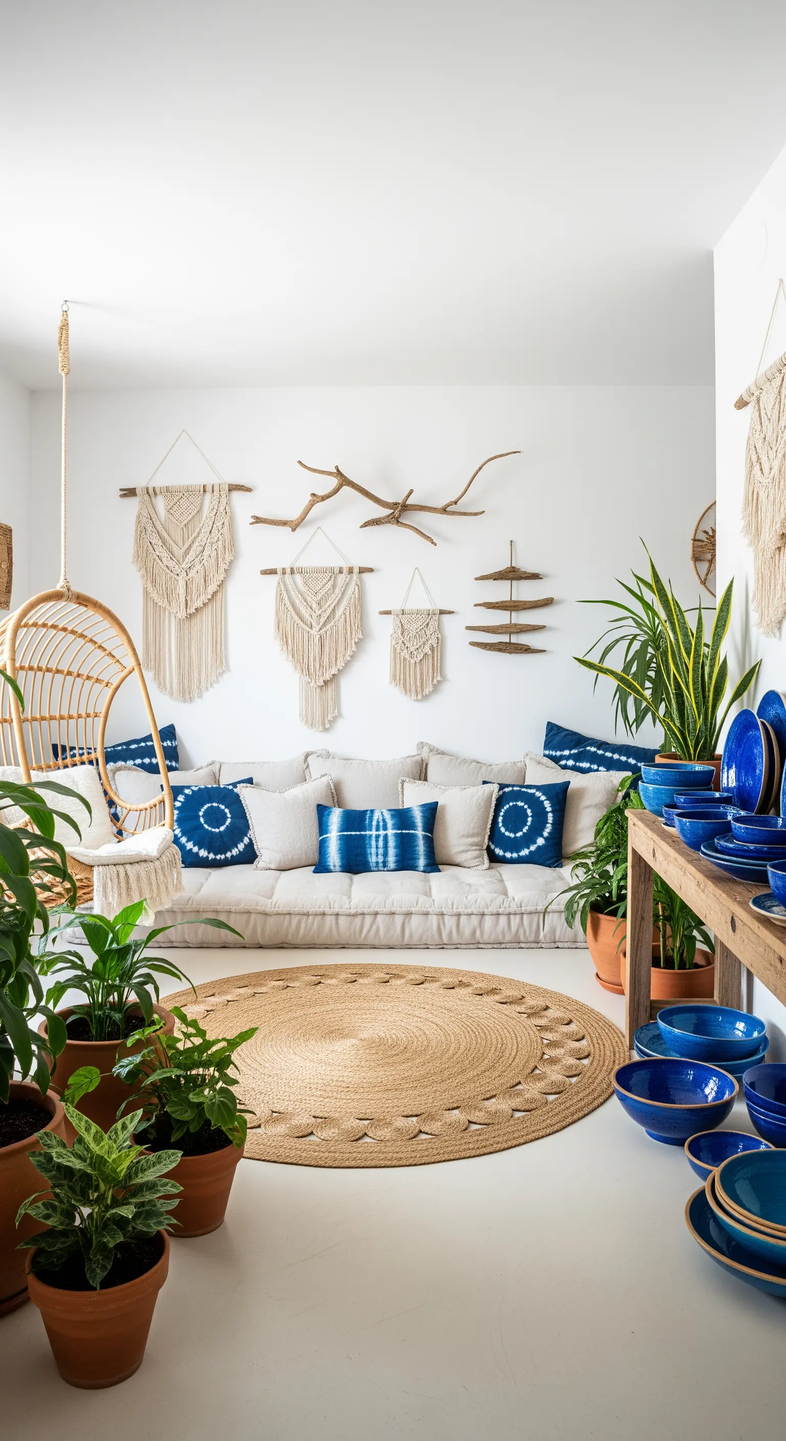 Soggiorno bohémien con cuscini tie-dye blu, decorazioni in macramè e molte piante.