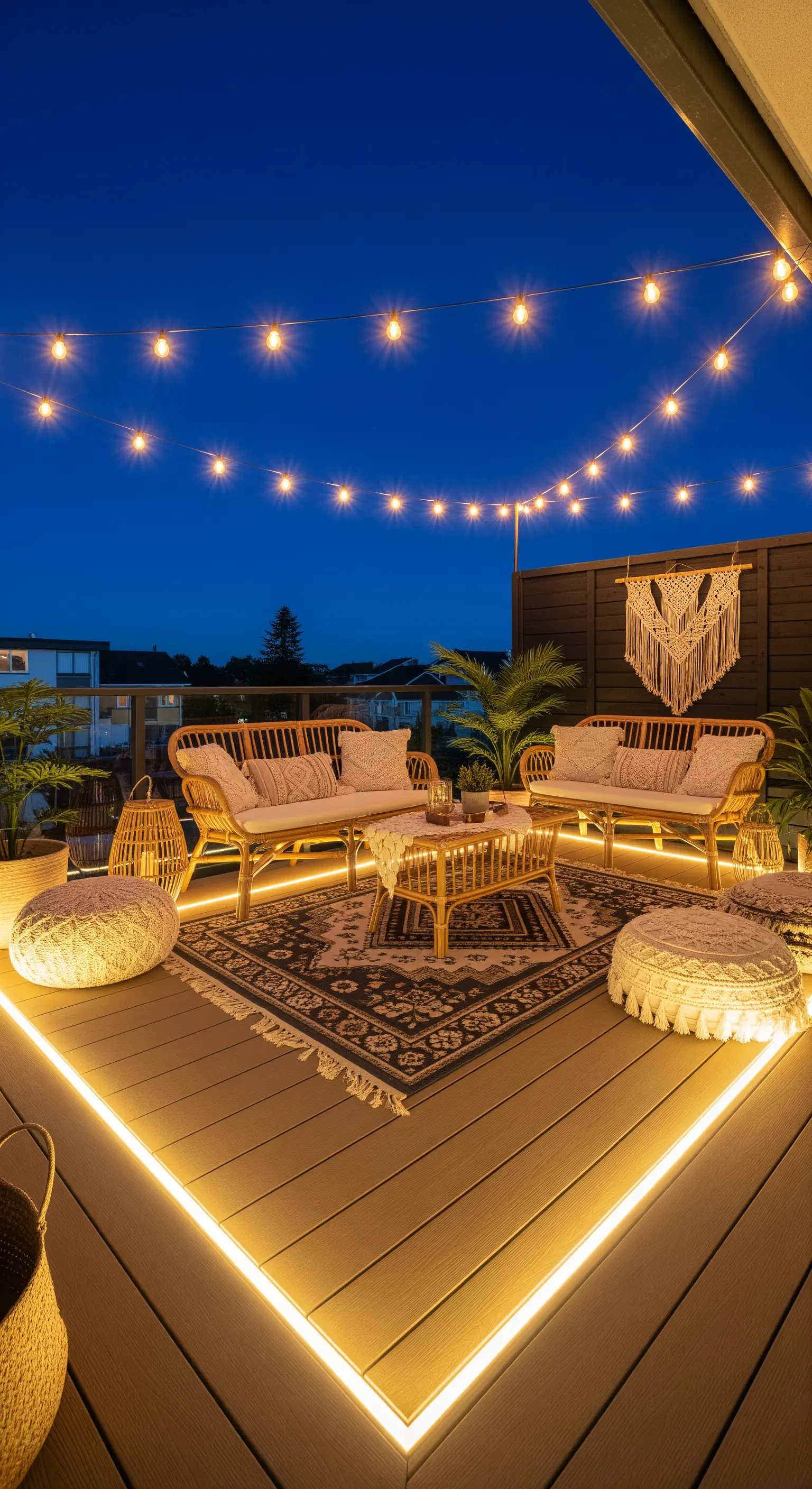Balcone in stile boho con arredi in rattan, tappeto etnico, luci a LED e catenaria di lampadine