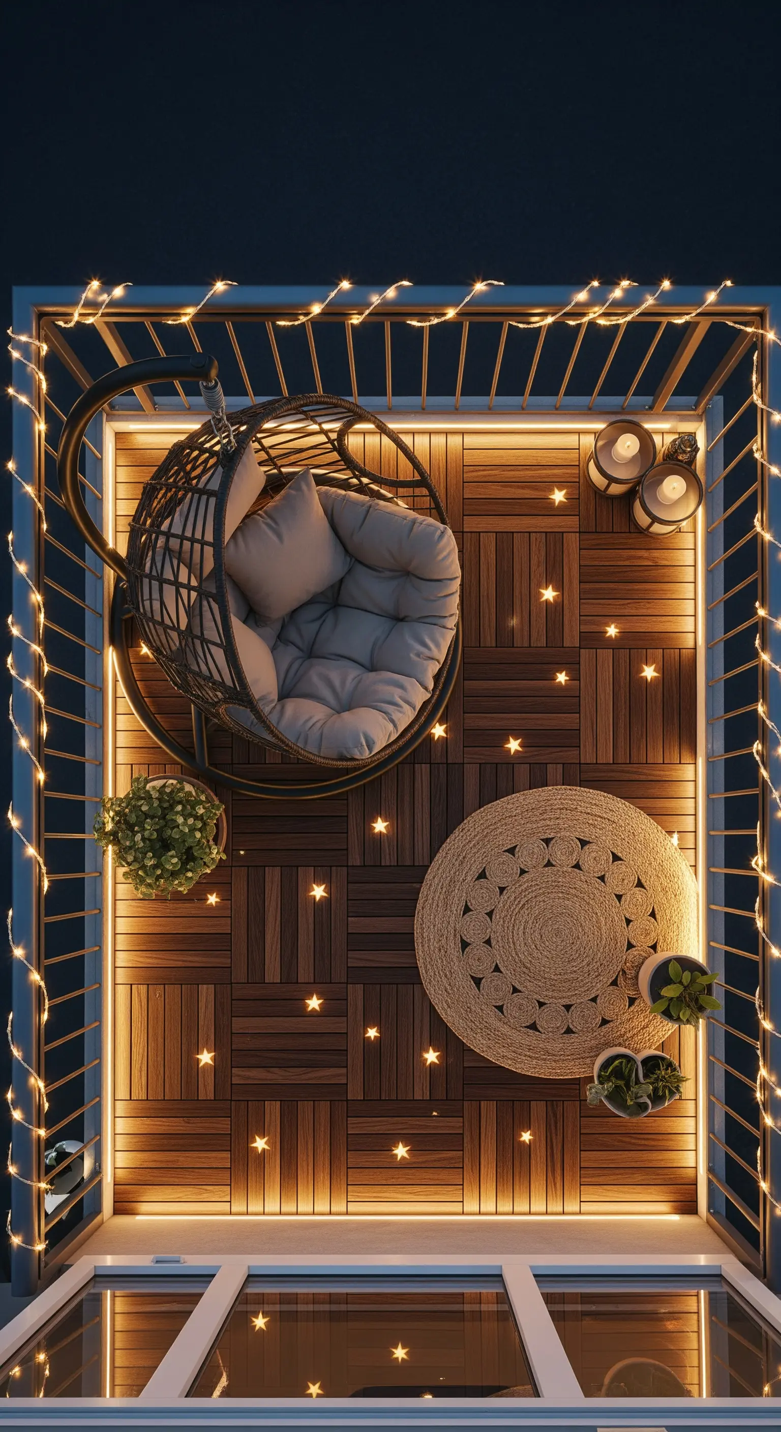 Vista dall'alto di un balcone con sedia sospesa, luci a stella e fili di lucine