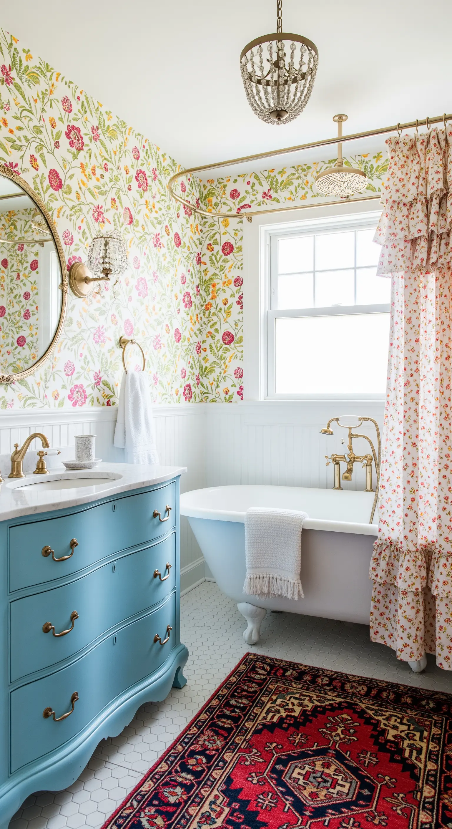 Bagno massimalista con carta da parati floreale, mobile azzurro e tappeto persiano.