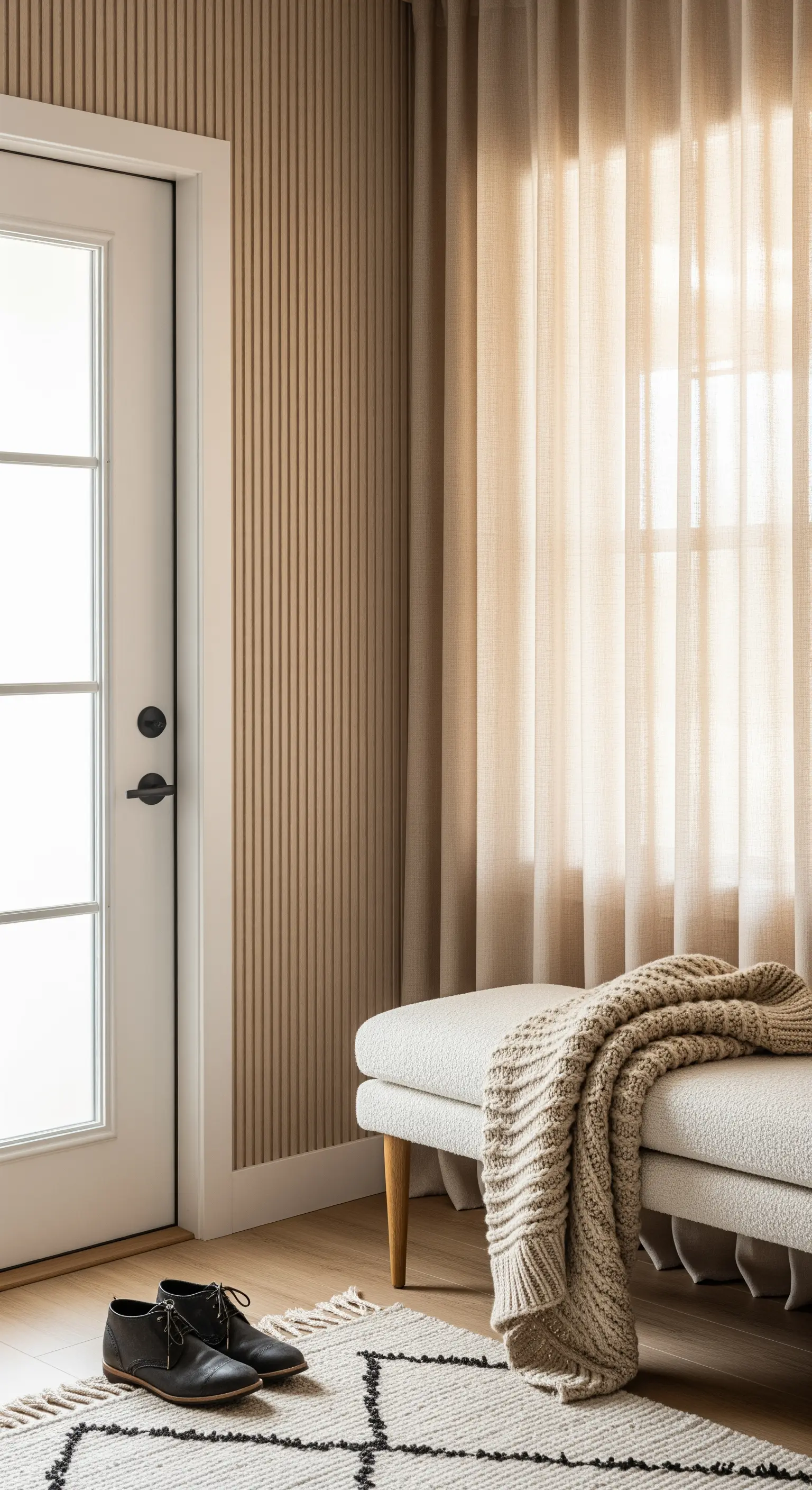 Angolo d'ingresso con parete a listelli, panca in bouclé e tenda in lino beige.