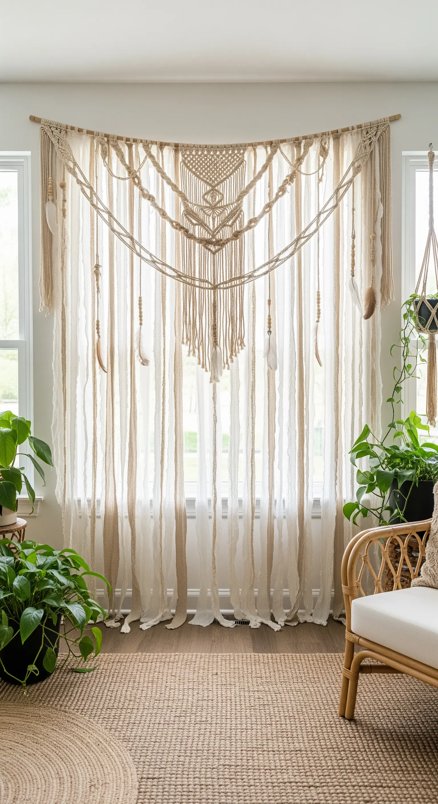 Tenda bohémien con festone in macramè, piume e tessuto di lino grezzo.