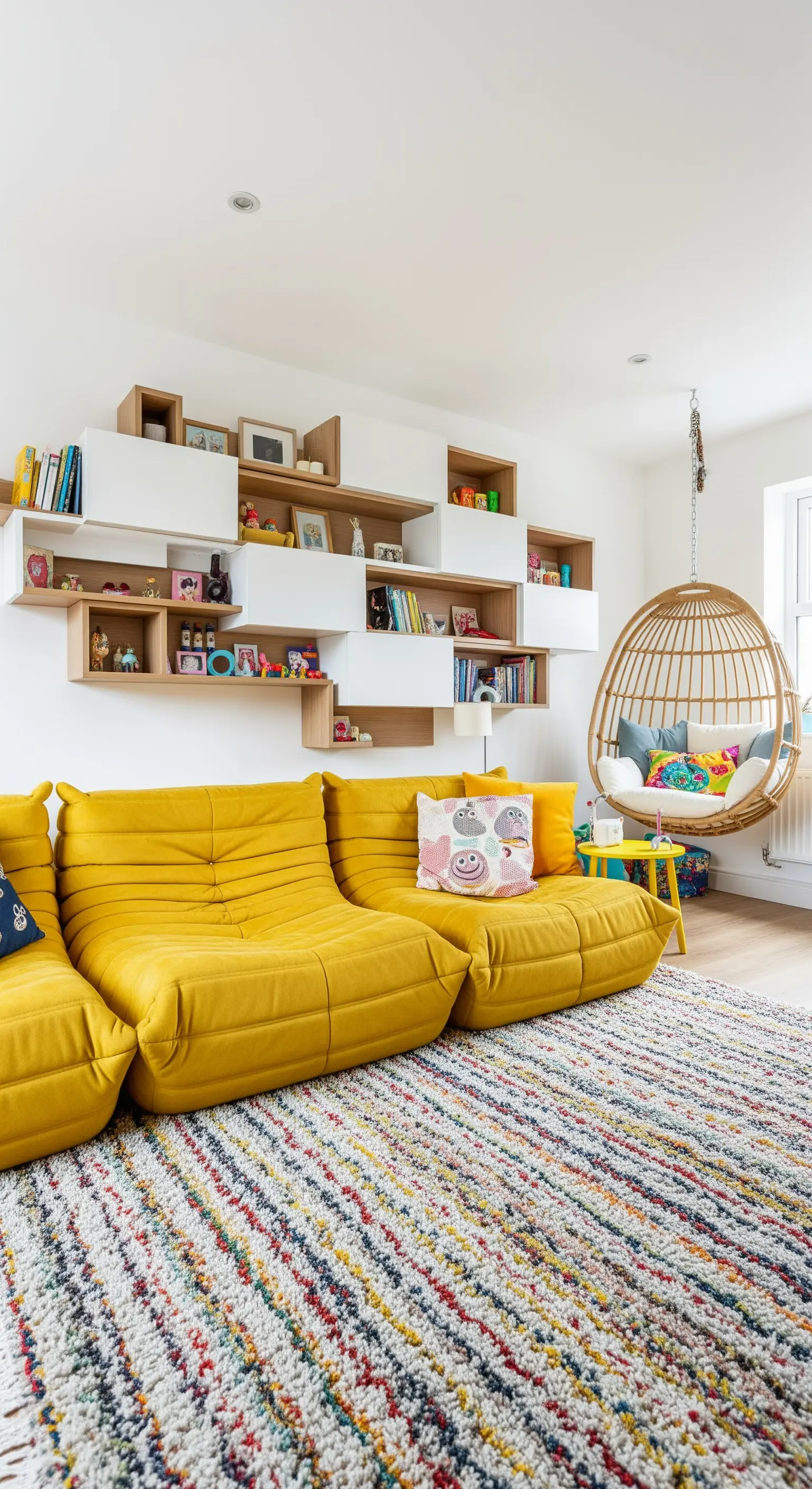 Soggiorno per famiglie con divano componibile giallo, tappeto a righe colorate e libreria a muro.