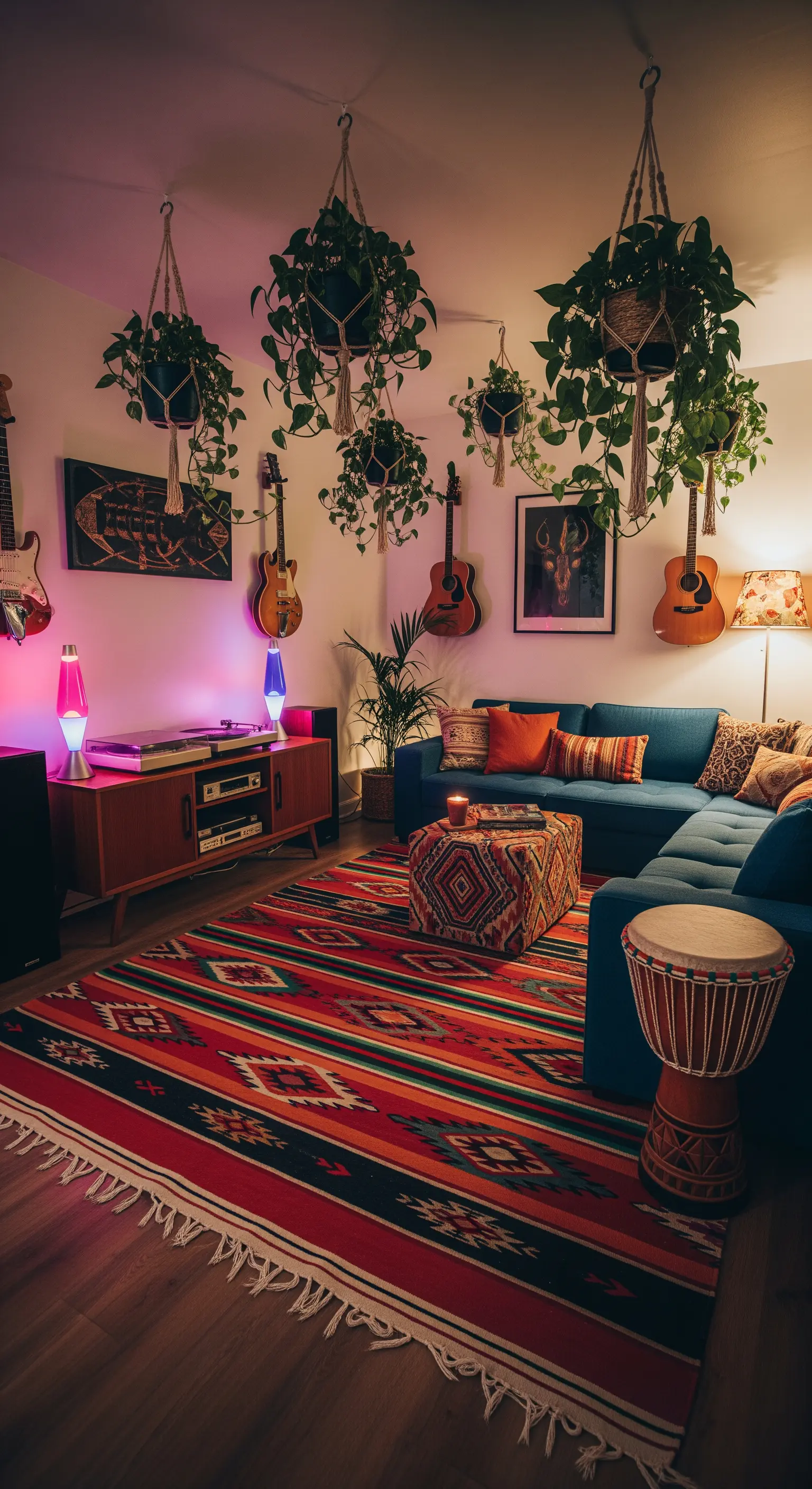 Salotto con chitarre appese al muro, giradischi, e piante sospese in un'atmosfera con luci soffuse.