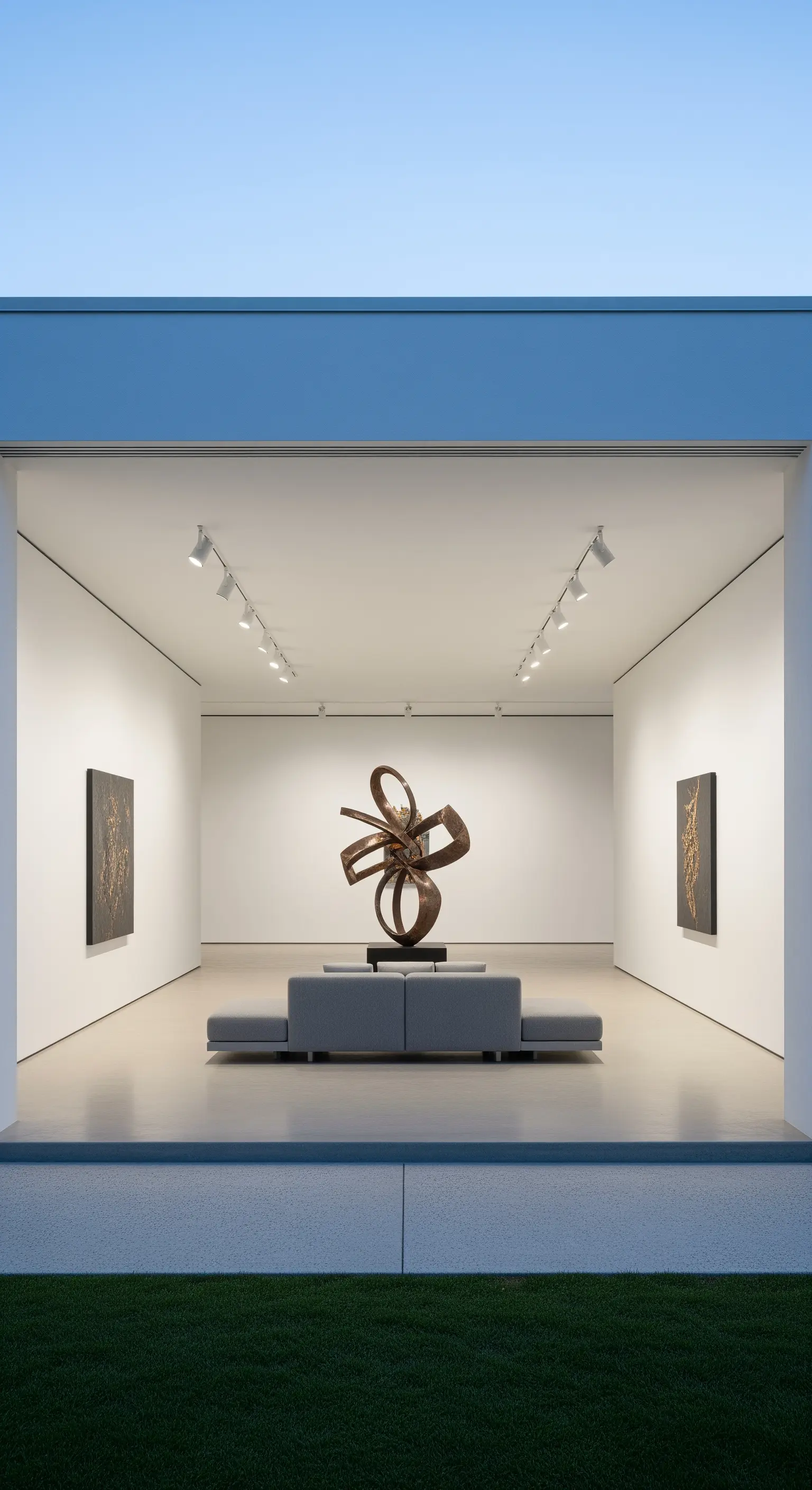 Portico concepito come una galleria d'arte, con scultura centrale e divano minimalista grigio