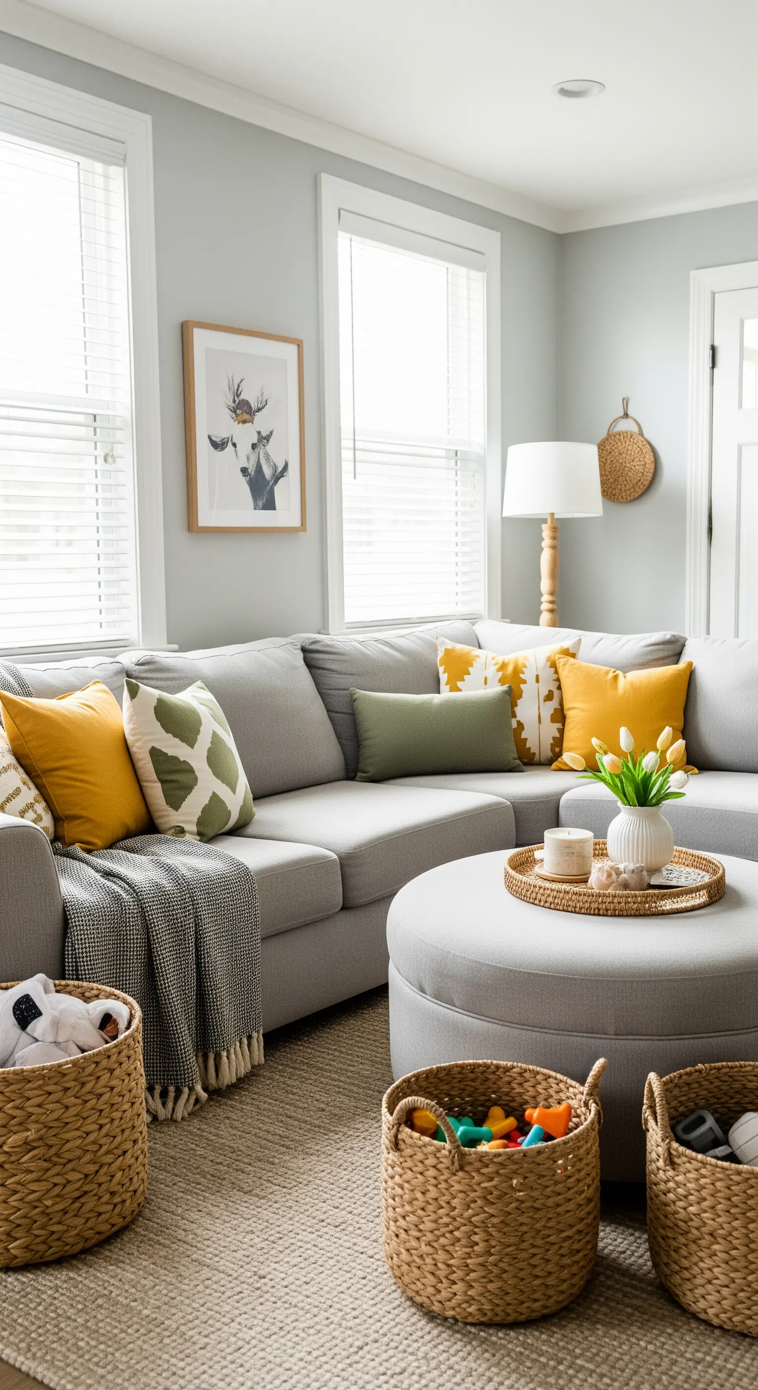 Soggiorno familiare con divano angolare grigio, cuscini colorati e cesti portaoggetti.