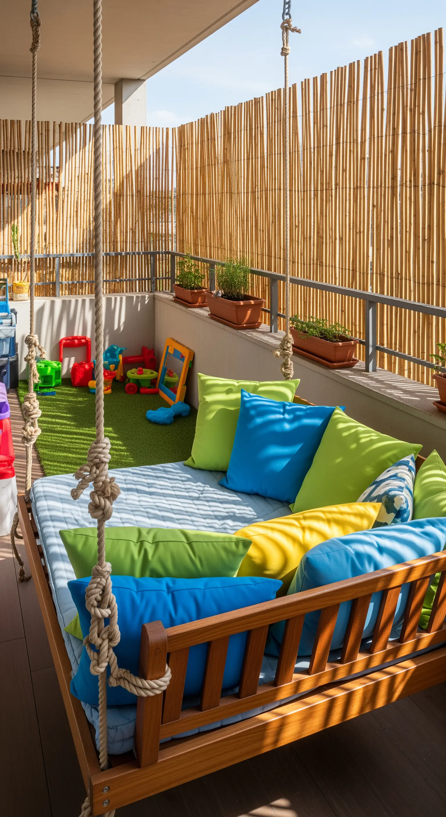 Dondolo-letto con cuscini colorati accanto a un'area gioco per bambini sul balcone.