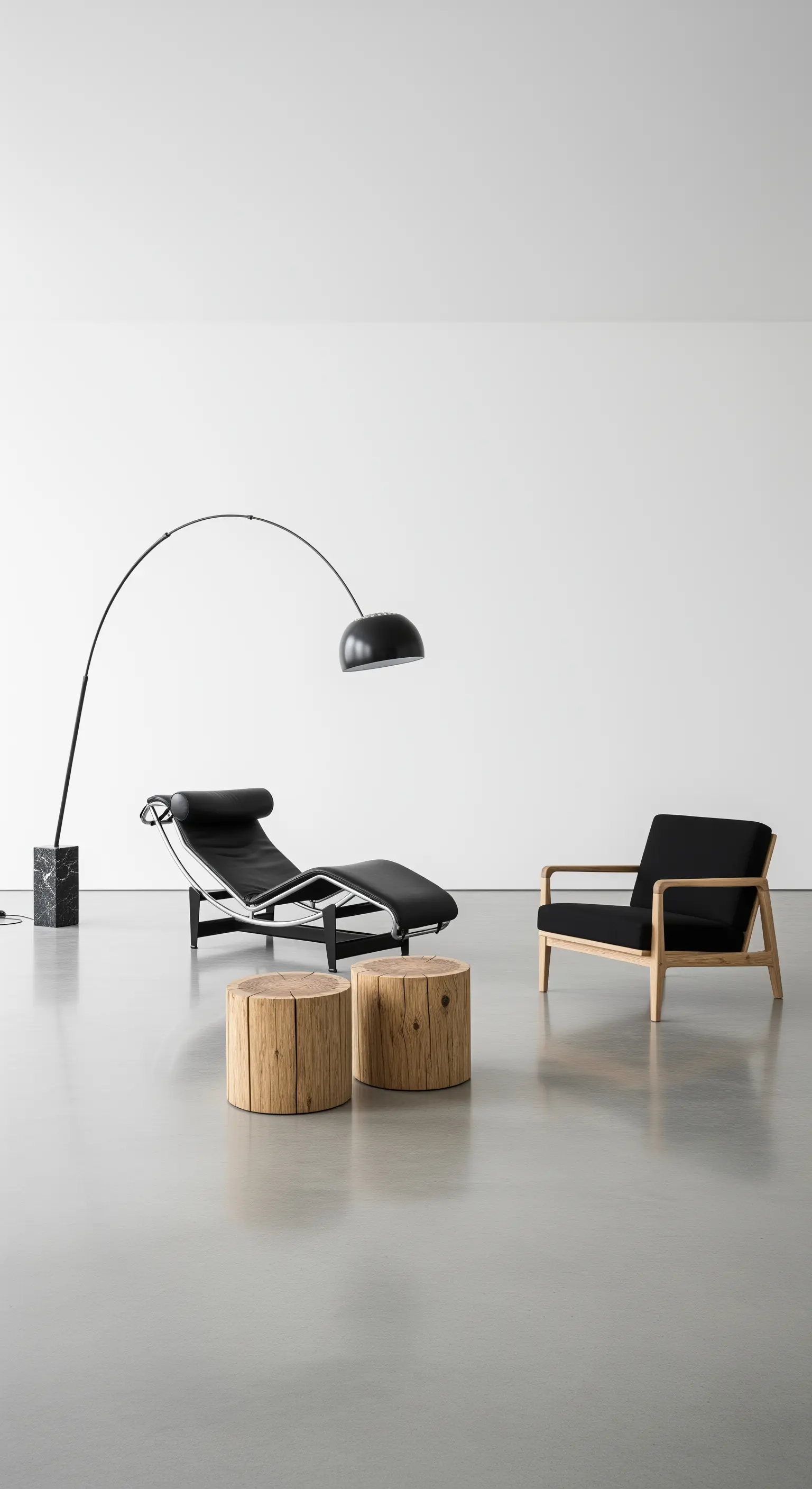 Angolo minimalista con chaise lounge, poltrona di design e tavolini a tronco d'albero.