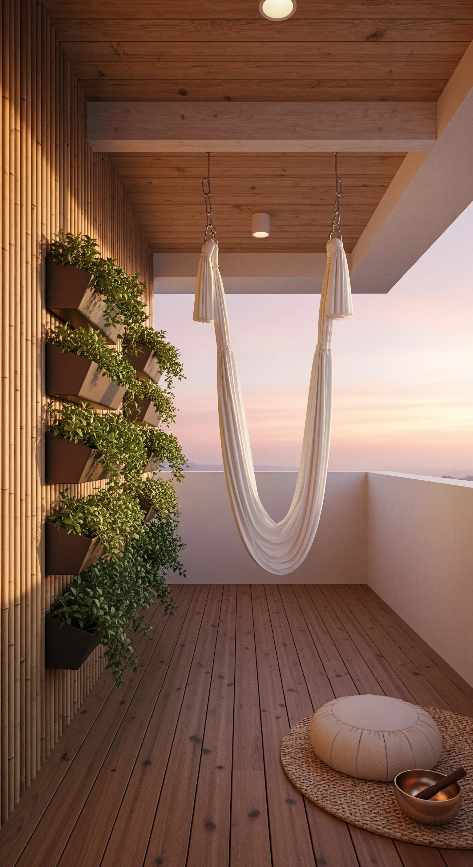 Amaca da yoga sospesa su un balcone con parete di bambù e un cuscino da meditazione a terra.