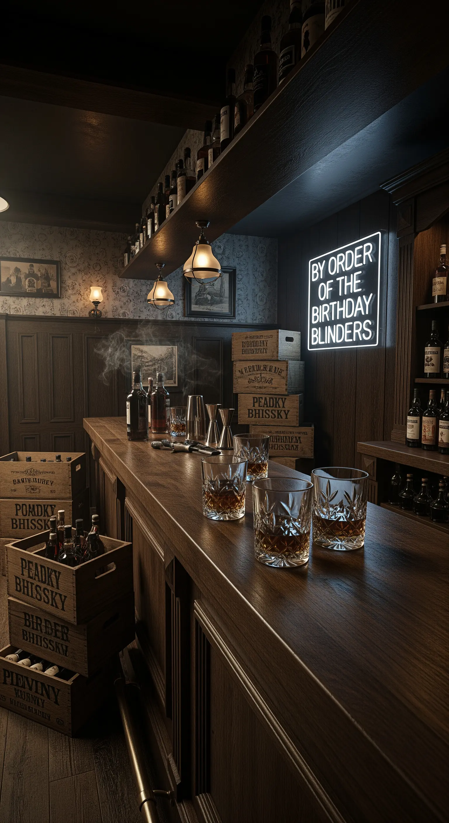 Bar in stile speakeasy anni '20 con insegna al neon, casse di legno e bicchieri da whisky.