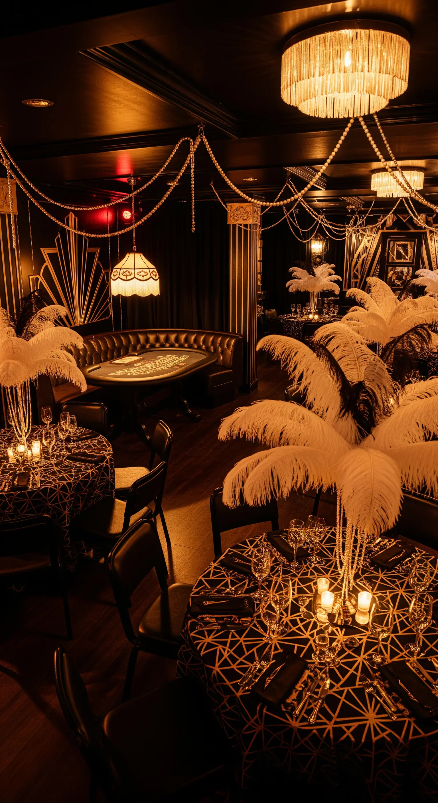 Allestimento festa a tema casinò stile anni '20 con piume bianche, perle e luci calde.