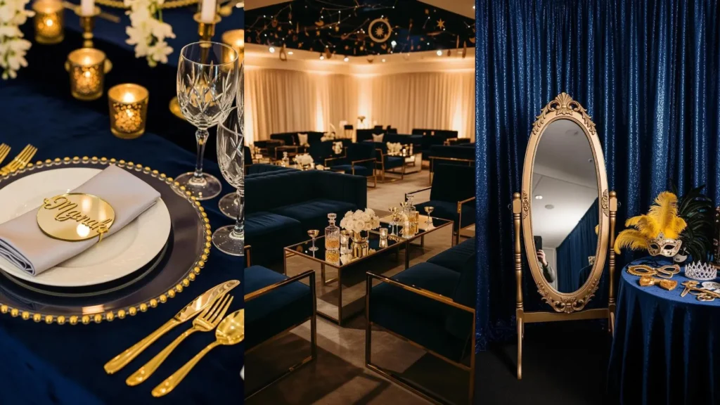 Allestimento elegante per ricevimento con specchio oro, sedie in velluto blu notte e decorazioni glamour dorate.