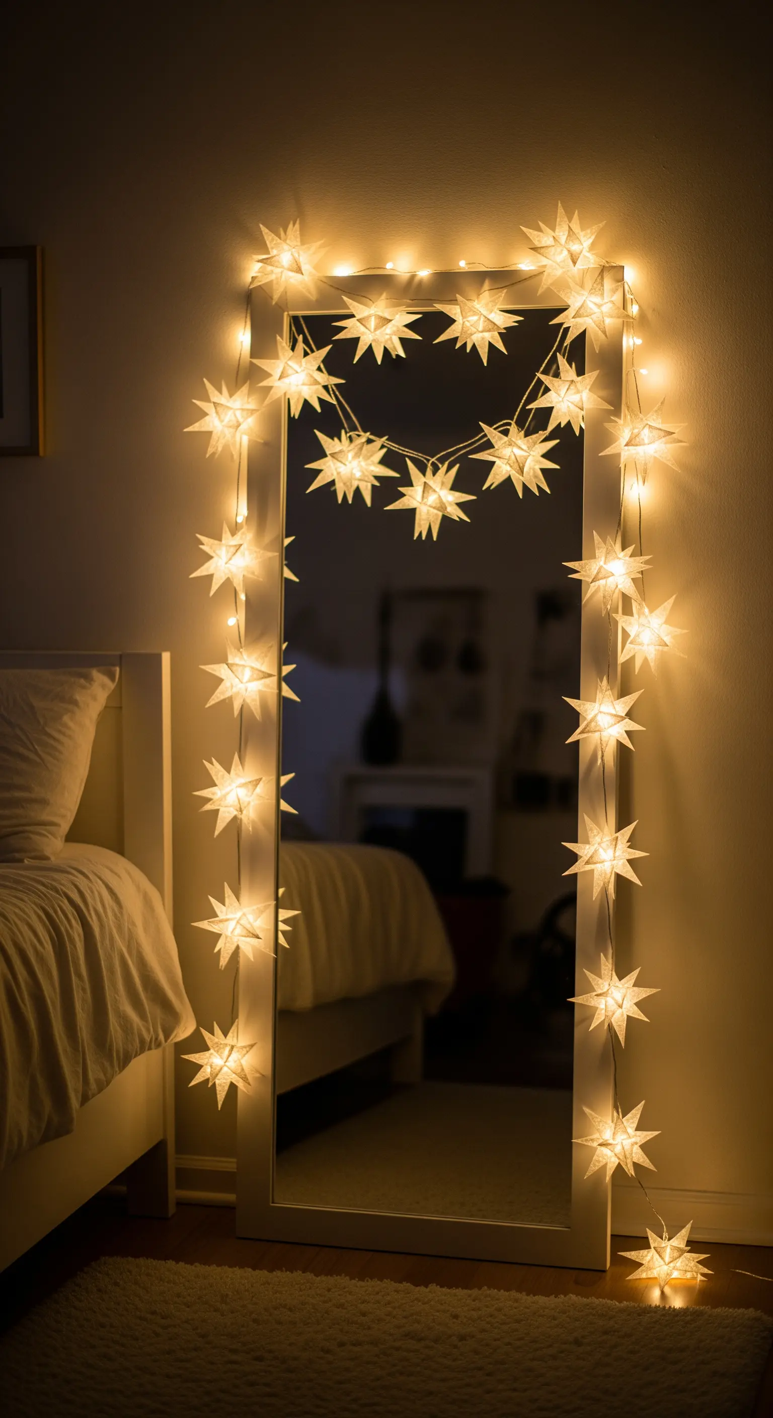 Specchio a figura intera incorniciato da una ghirlanda di luci con stelle di carta.