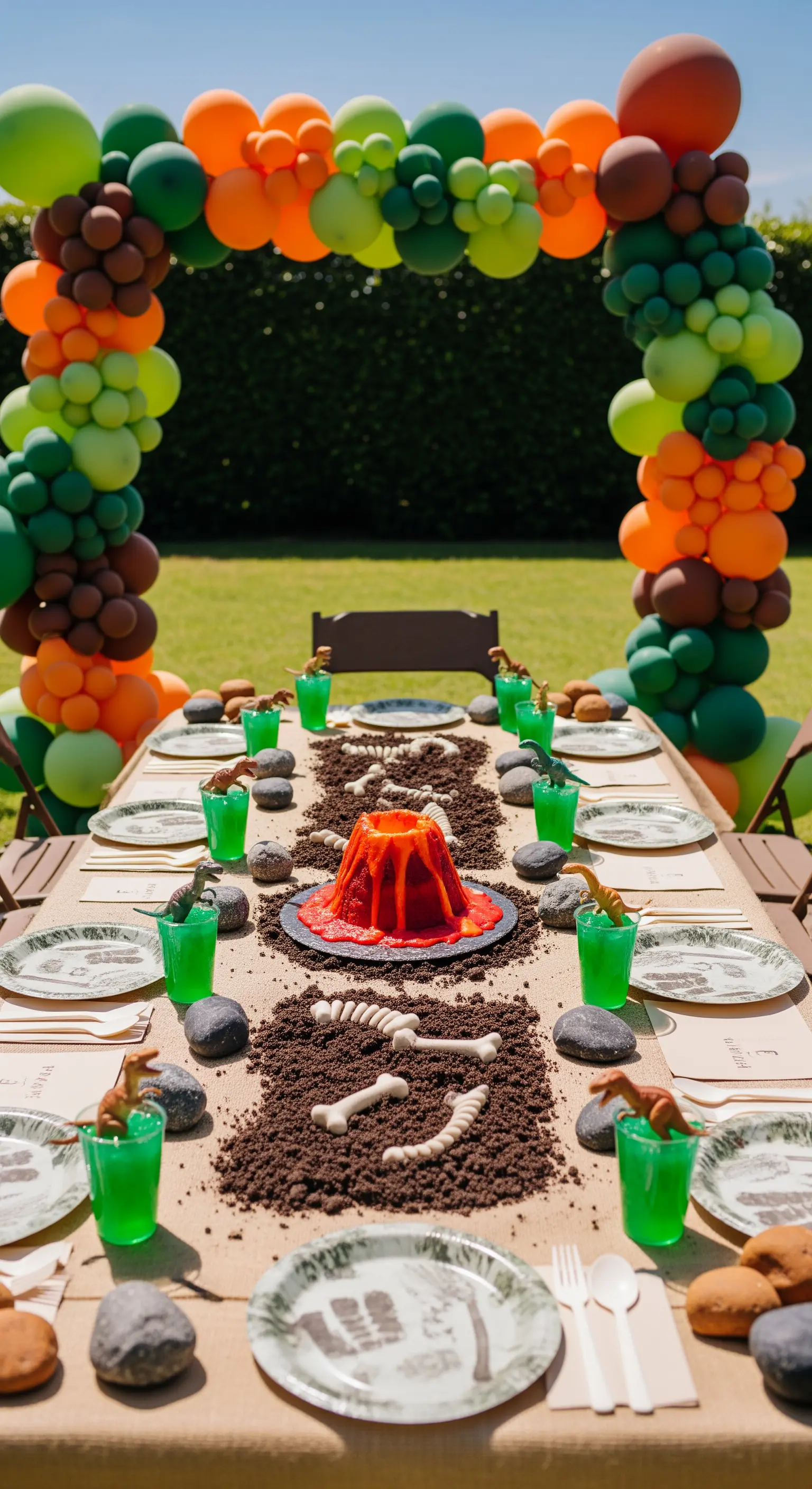 Tavola a tema dinosauri con torta a vulcano, biscotti a forma di ossa e palloncini verdi.