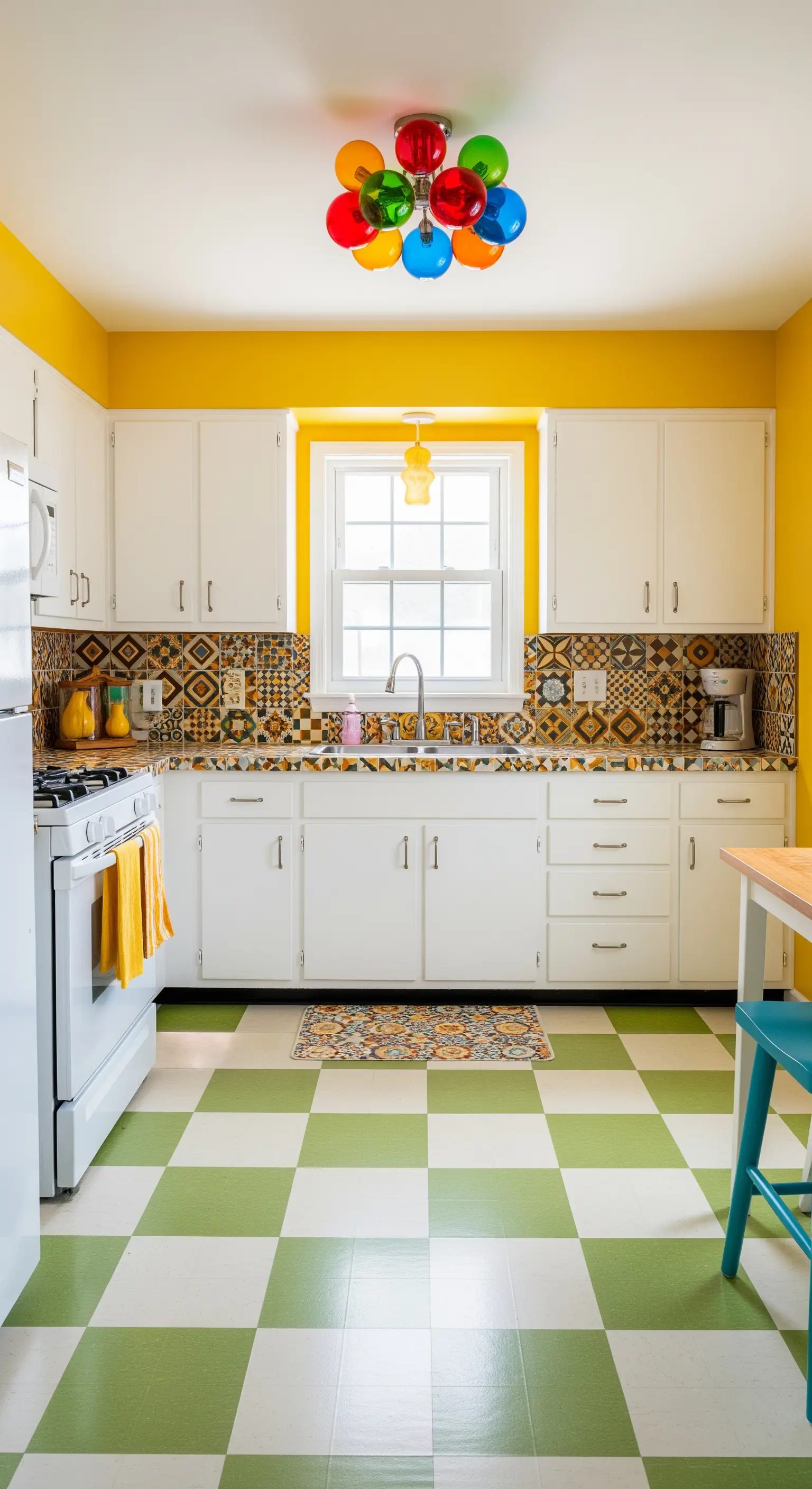 Cucina con pareti gialle, mobili bianchi e pavimento a scacchi verdi e bianchi.