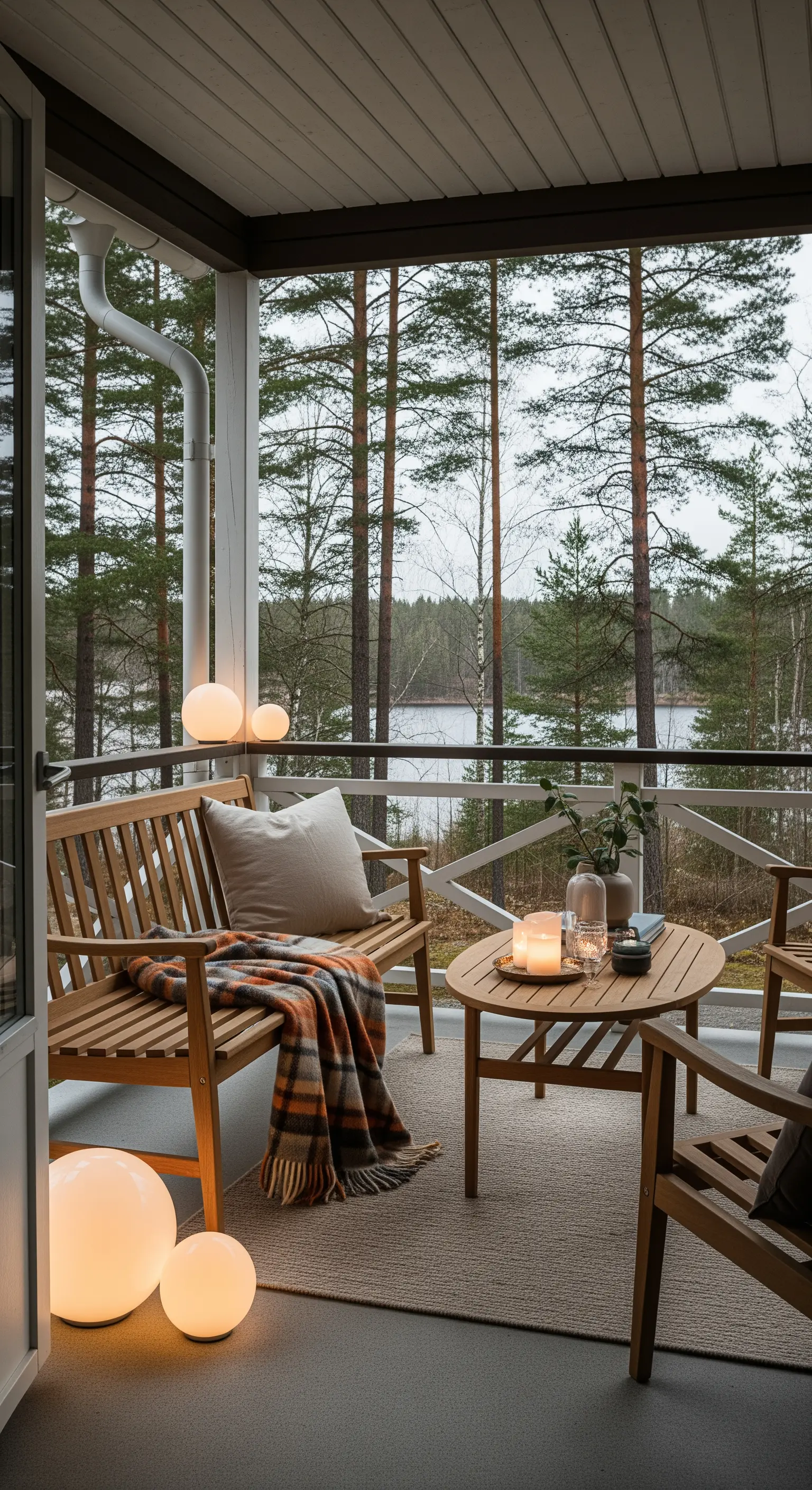 Veranda con panca in legno e lampade sferiche luminose a terra, vista sul lago