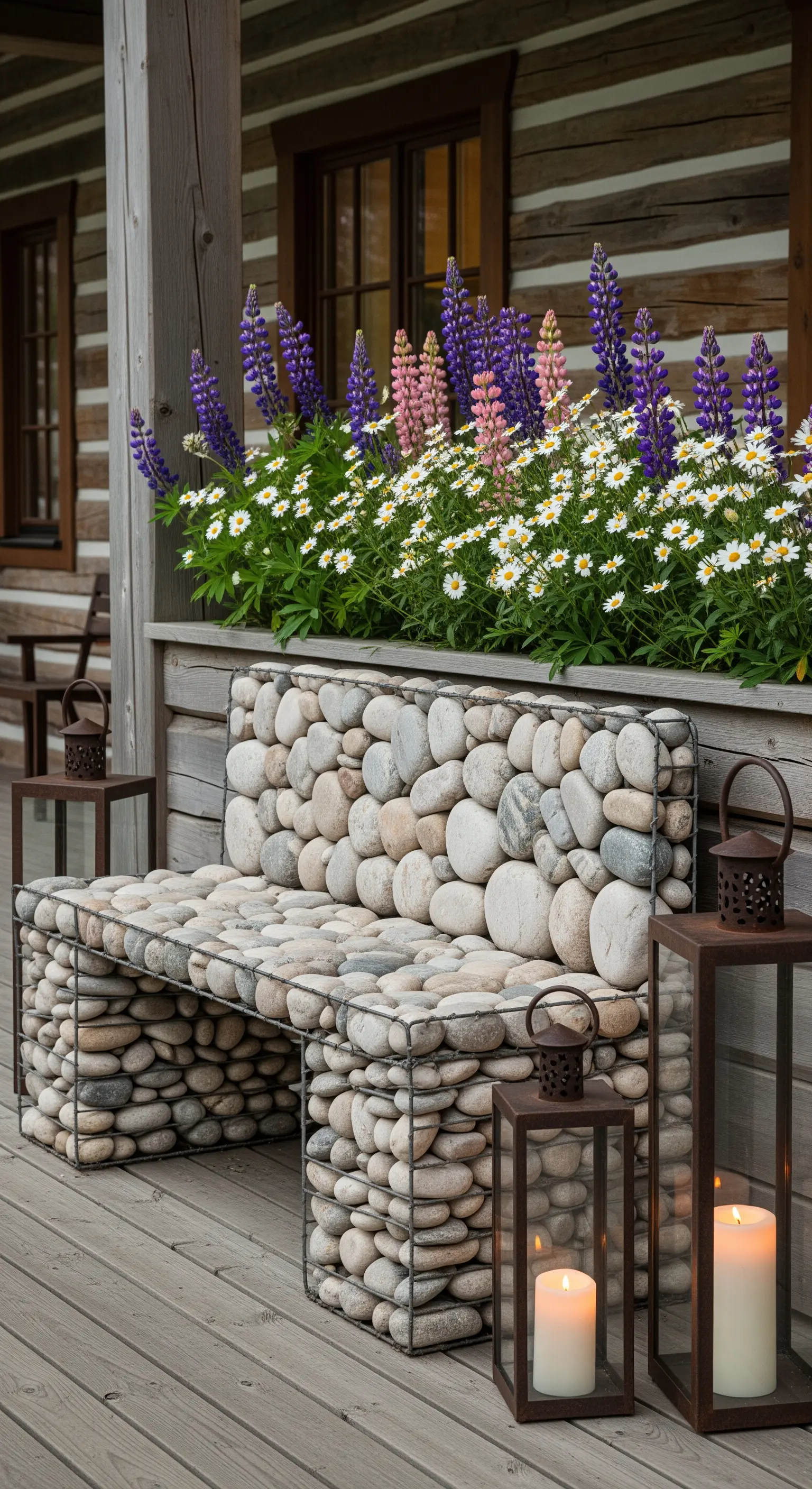 Panca moderna realizzata con una gabbia di metallo riempita di ciottoli, affiancata da lanterne